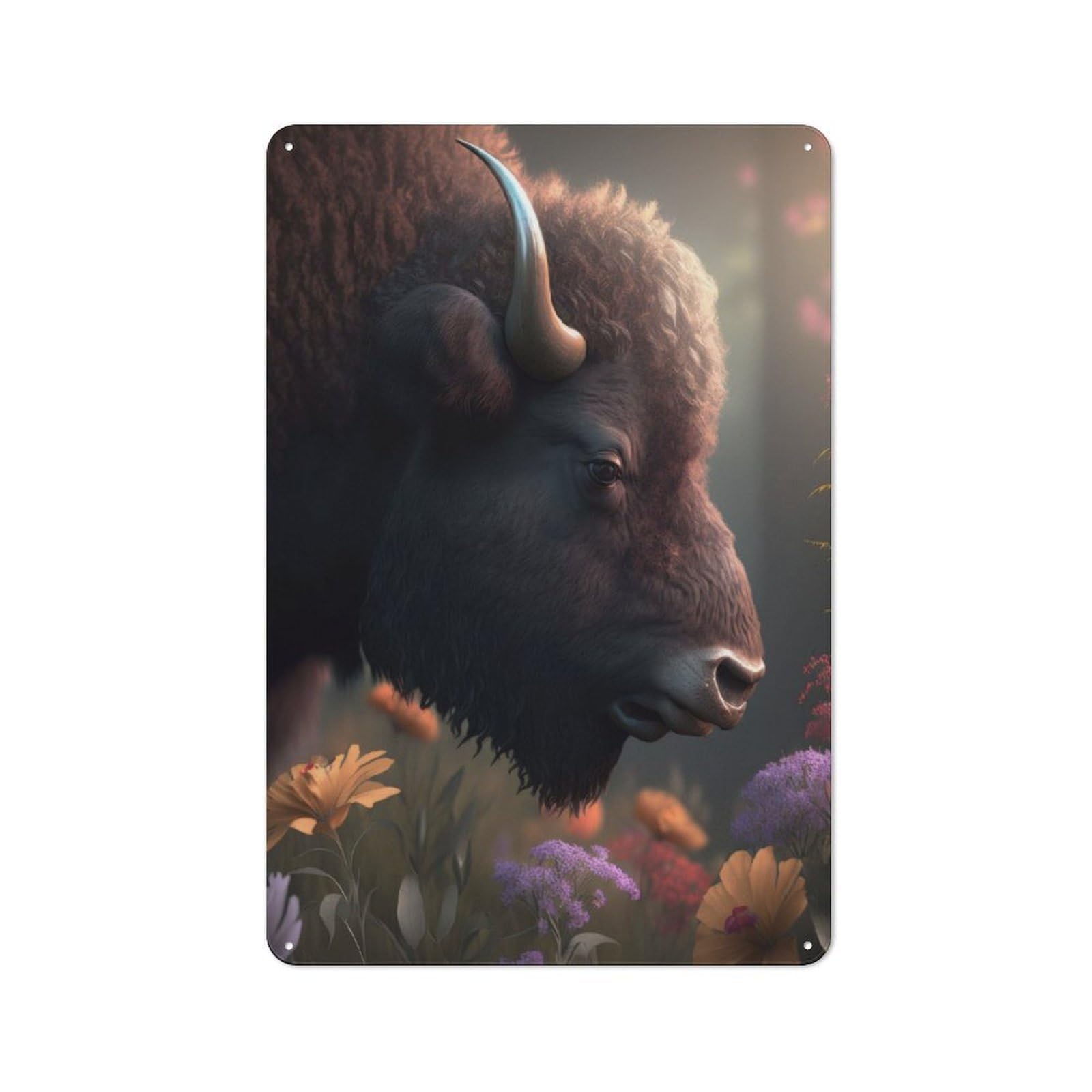 Junmoney Bison With Flowers Field Vintage Tin Sign 30X20cm For Hobby Room Or Studio, A New Home Present For Creative Interior Collectors