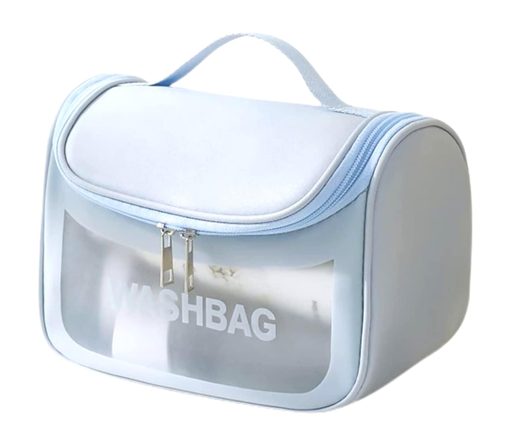 Awestuffs Hanging Travel Toiletry Kit Rugged & Water Resistant with Mesh Pockets & Sturdy Hanging Hook Cosmetic Bag for Men and Women (Blue Transparent Front)