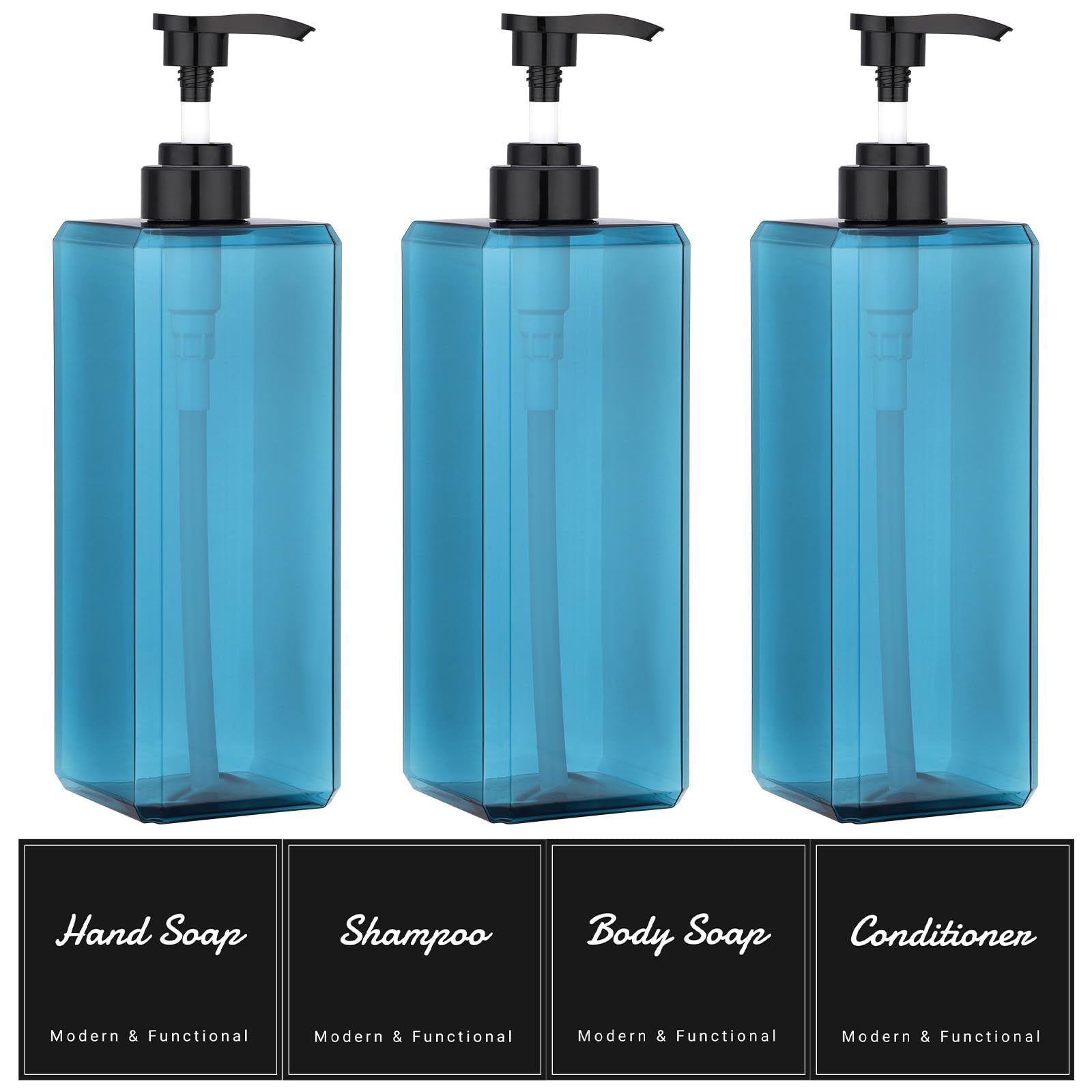 Suream 33.8oz/1000ml Lotion Dispenser, 3PCS Blue Refillable Shampoo and Conditioner Bottles with Labels, Square Soap Dispenser Set for Essential Oil Lotion Shampoo