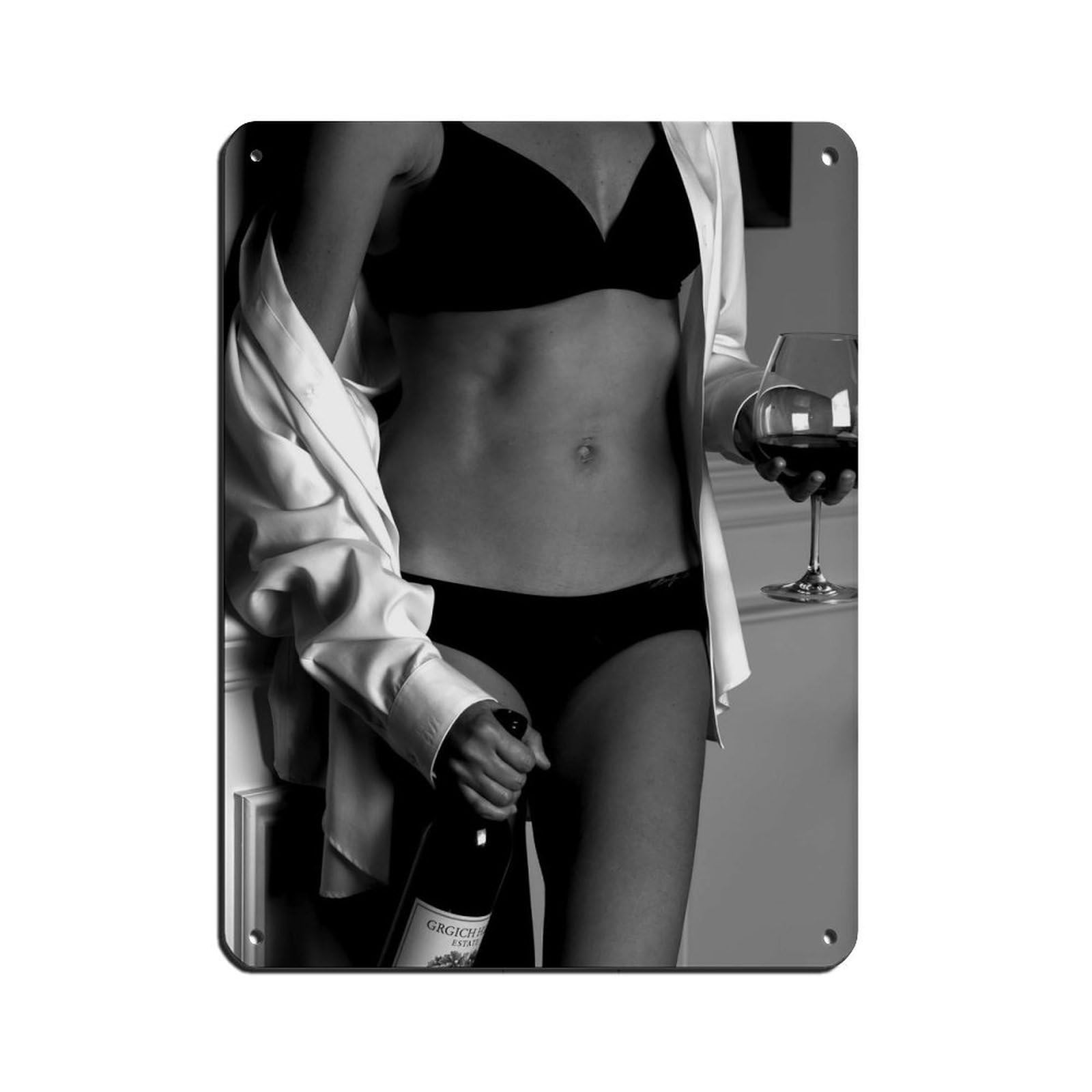 Woman in Bikini Holding Wine Poster Tin Sign Vintage Metal Pub Club Cafe Bar Home Wall Art Decoration Poster Retro 12x16inch(30x40cm)