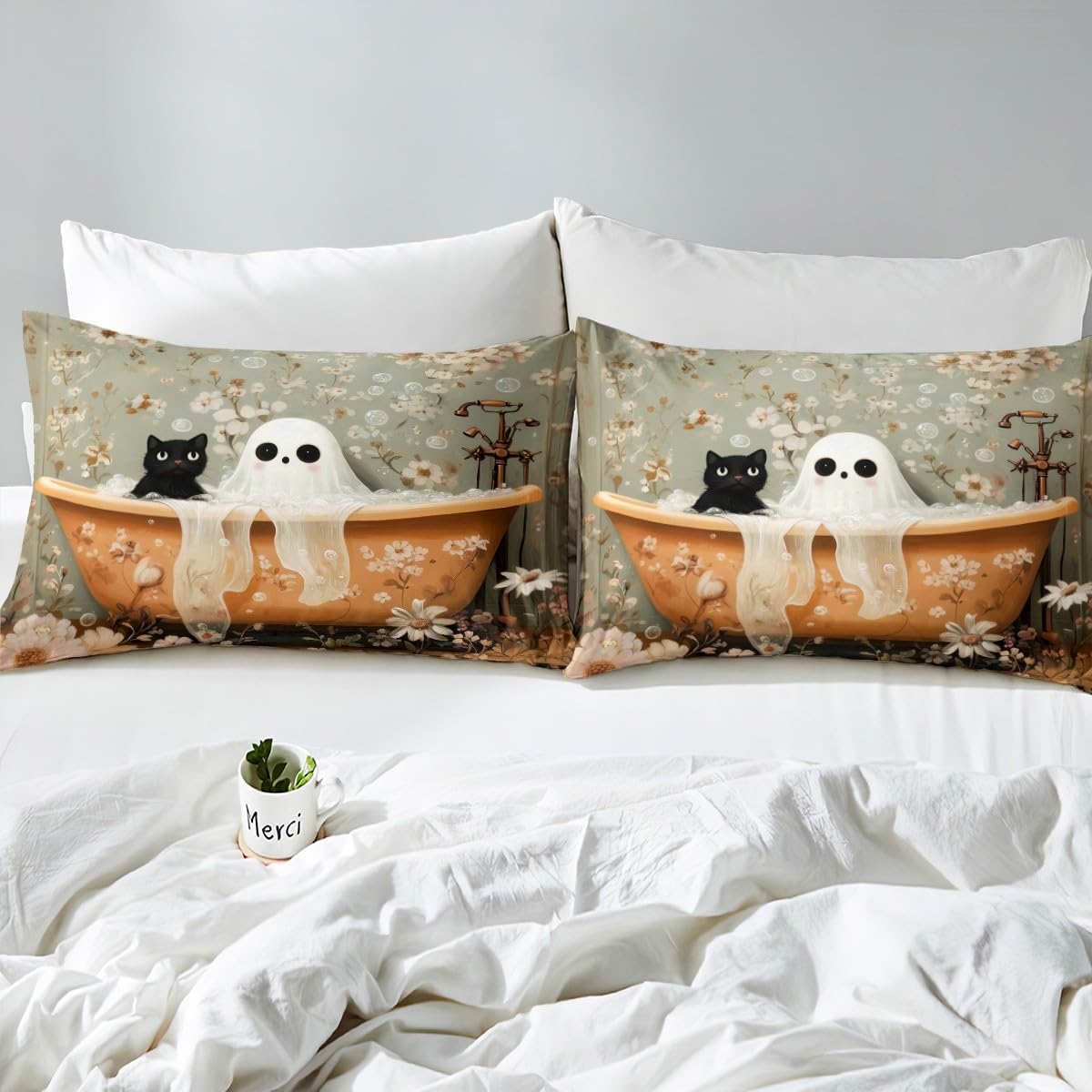 Homemissing Halloween Ghost Bettbezug für Kinder Jungen Mädchen Katze Lustig Gotik Betten Retro Vintage Bettwäsche Set 155x220cm Schlafzimmer Dekor Weiche leichte Mikrofaser