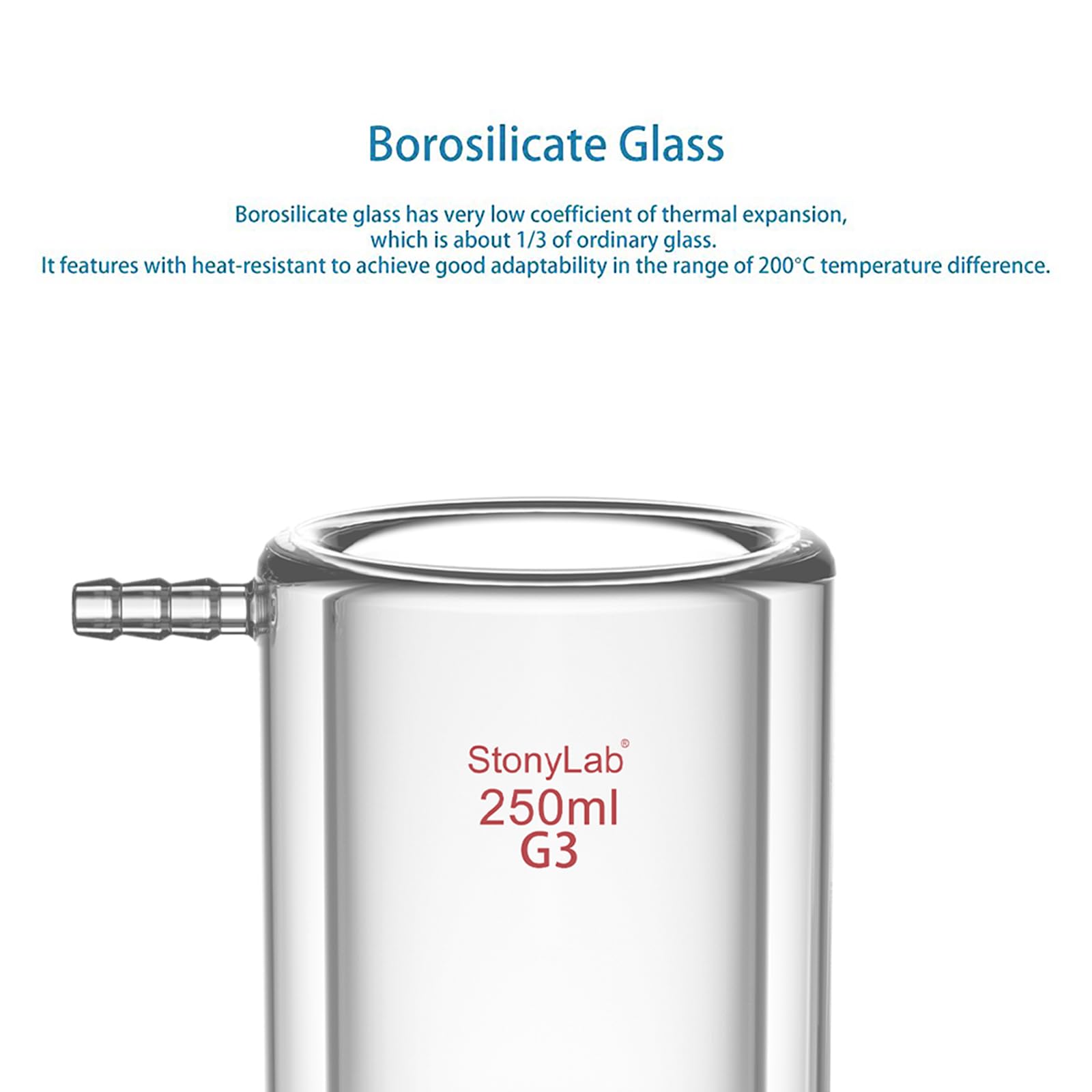 stonylab Embudo Buchner Jaquetado con Disco Filtro Frito (15-40 μm), Vidrio Borosilicato, Conexión 24/40, Conexión de Manguera 10 mm, 250 ml para Filtración al Vacío con Control de Temperatura