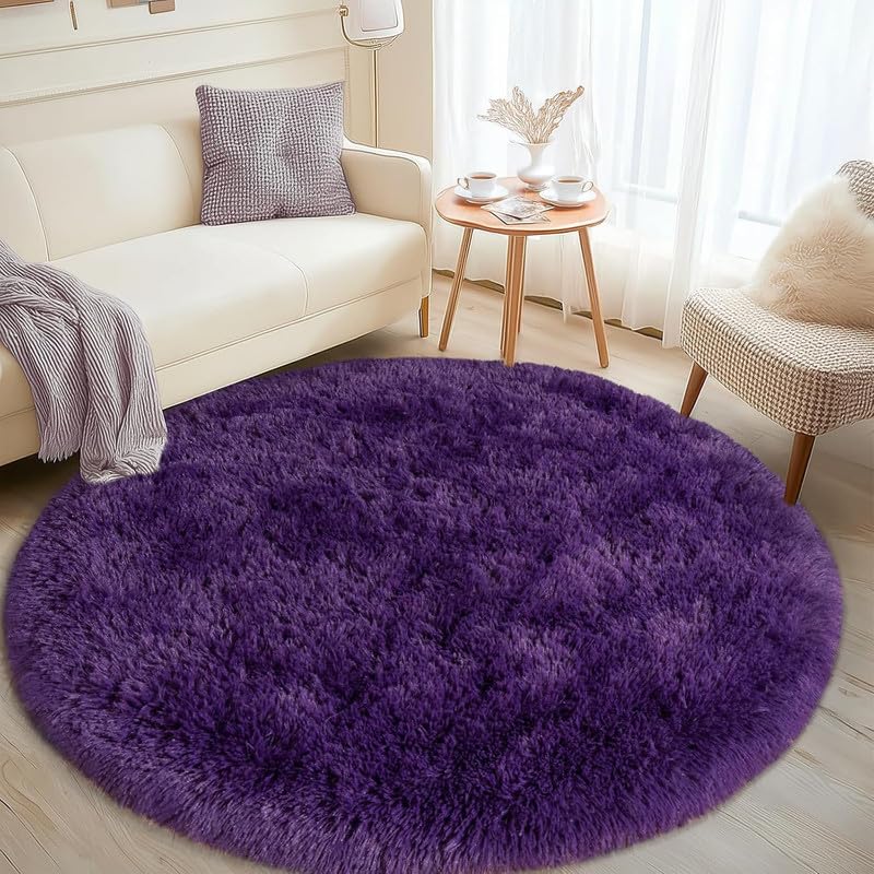 Image of Round Plain Fur Rugs for Hall and Drawing Room 7x7 Feet Deep Purple