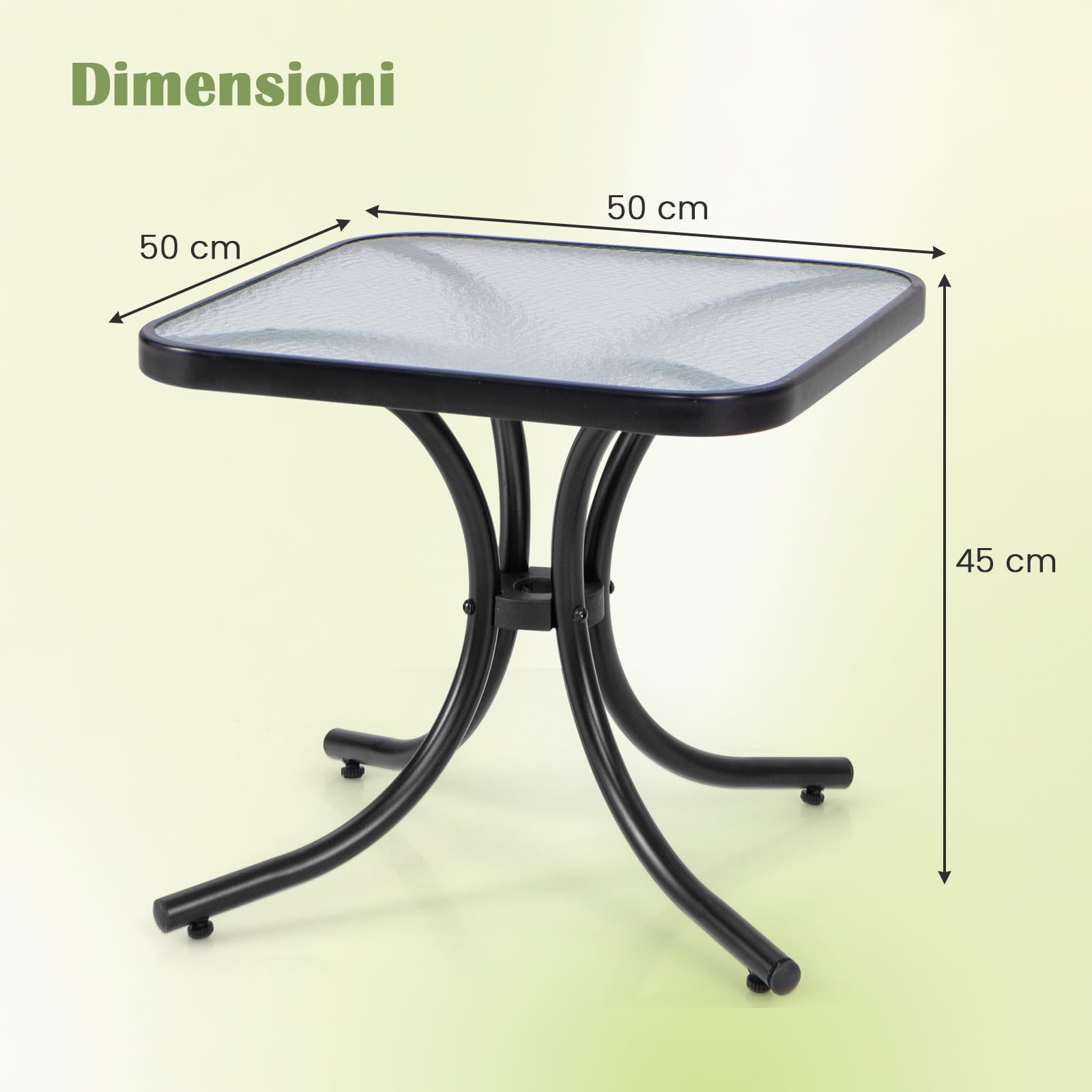 RELAX4LIFE Tavolo da Giardino, Tavolino da Balcone in Vetro Temperato senza Foro Ombrellone, Struttura in Metallo Resistente, Design con Effetto Onde, per Esterno e Interno (50×50×45cm, Quadrato)