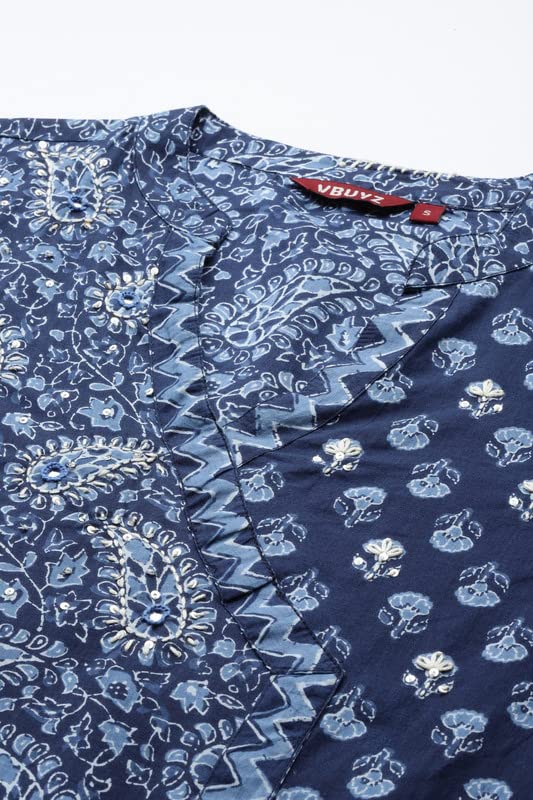 Image of Vbuyz Cotton Floral Printed A-Line Mirror Work Kurta for Women