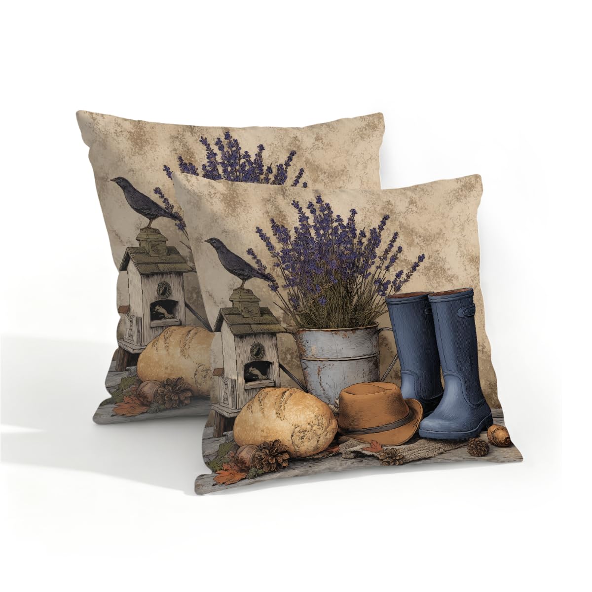 Outdoor Pillow Covers Waterproof Pillowcases 16x16in Set of 2 Rustic Farmhouse Western Lavender Bird Decorative Throw Cushion Case for Couch Sofa Garden Patio Furniture