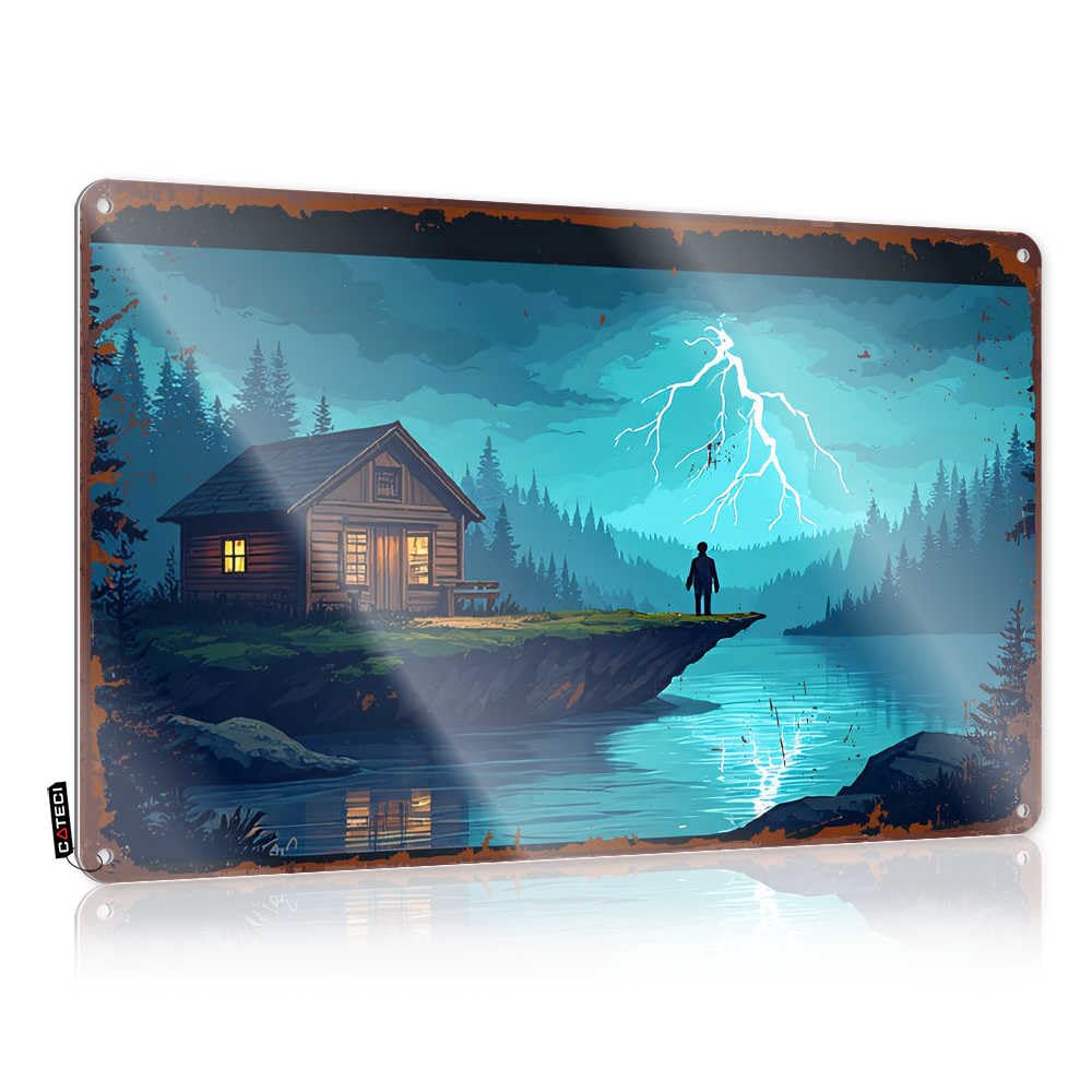 Fzfn Colour Retro Wall Art Decorations For The Kitchen Wall Art - Lonely Cabin By The Lake: A Stormy Night Scene Decor Round Retro Style Decoration For Dorm(20X30cm)