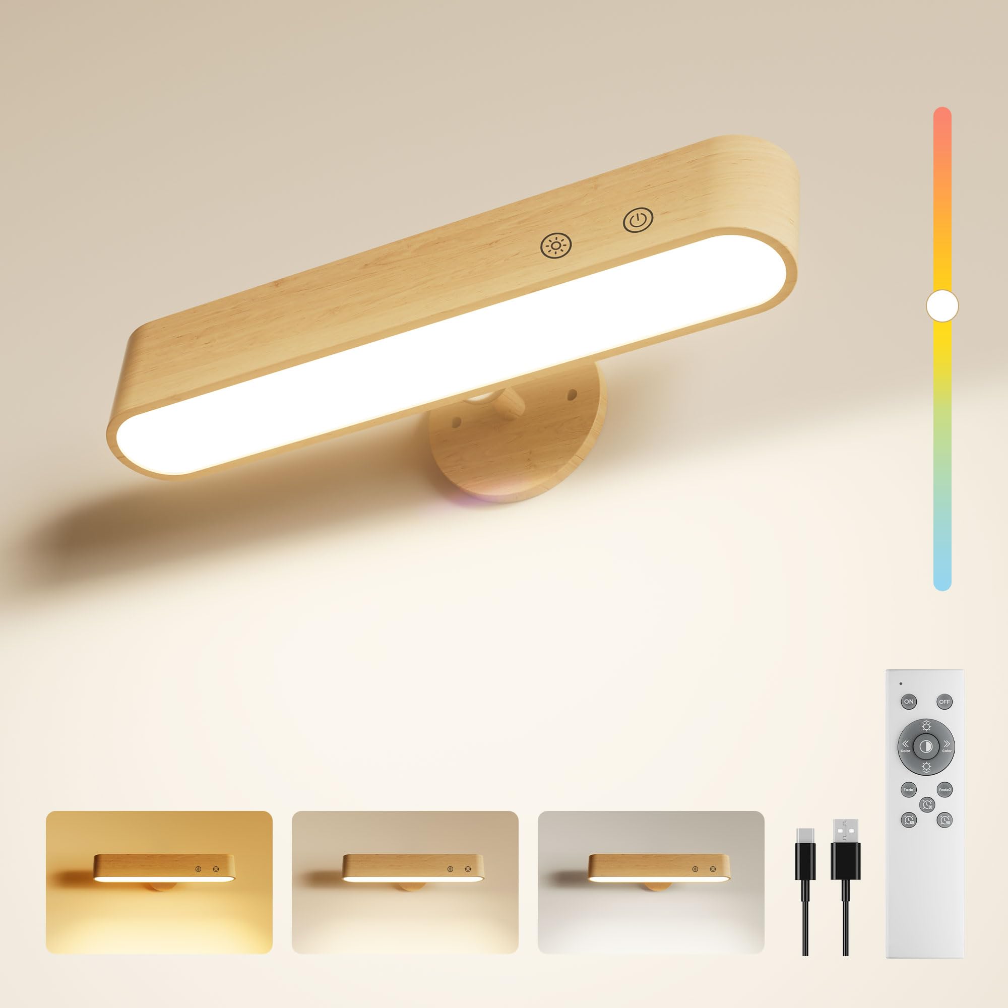 Rechargeable 7500mAh Battery LED Wall Sconce for Bedroom,Battery Operated Wall Light Indoor with Remote Control and Touch,360ยฐ Magnetic Rotation,3 Colors Dimmable Wood Wall Lamp with 15 RGB Colors