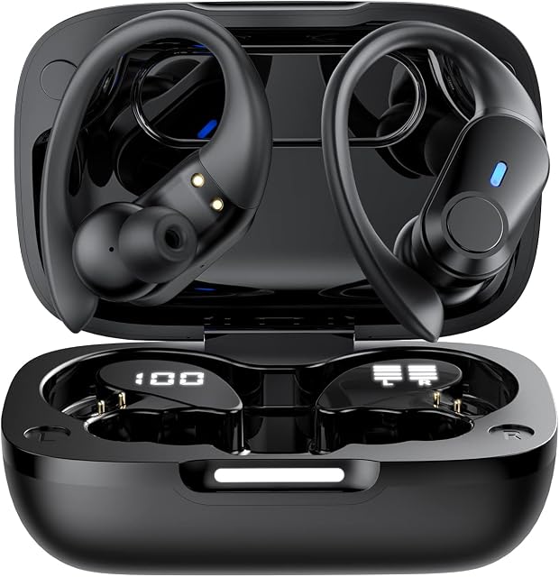 OICGOO Wireless Earbuds Bluetooth Headphones with Dual LED Battery Display Sport Earphones with Deep Bass Stereo Over-Ear buds with Noise Cancelling & HD Microphone for Sport,Work,Gym,Travel