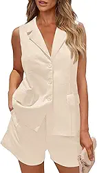 Conjunto de 2 peças de 2025 para o verão, casual, com lapela e gola V e botões, conjunto de blazer para trabalho e negócios