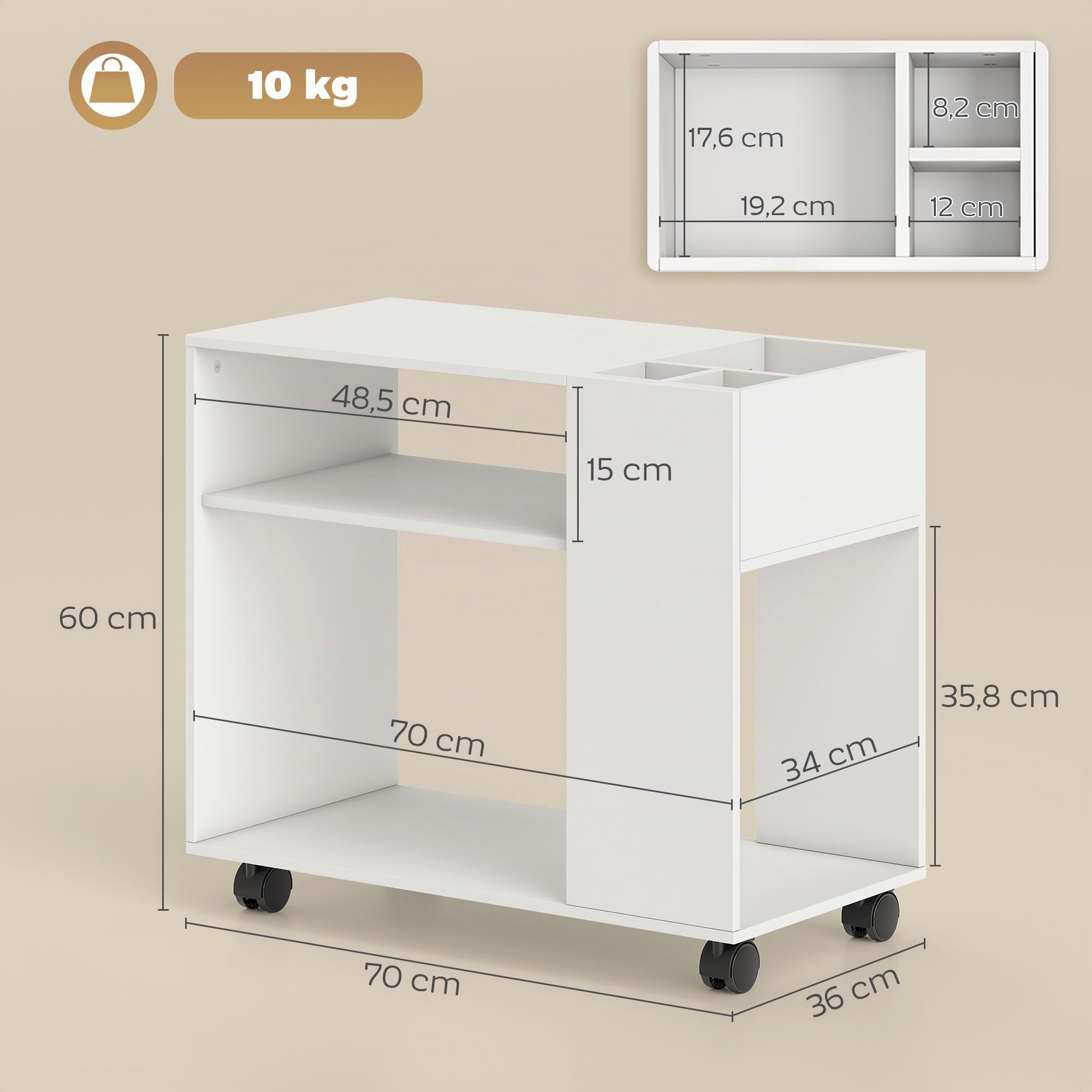 HOMCOM Mueble para Impresora Mesa para Impresora 70x36x60 cm Blanco | Con Ruedas, Compartimentos Superiores, Estantes Abiertos, Oficina, Hogar, Estudio