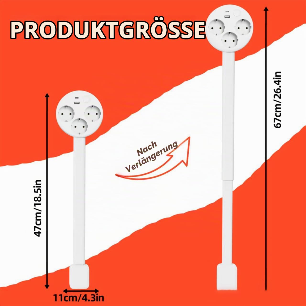INIA – Erweiterbare und drehbare Steckdosenverlängerung Steckdosen - Verlängerung mit 360° schwenkbarer, ausziehbarer Verlängerungsstange 3 Fach Steckdose, 1 USB - A und 1 USB - C