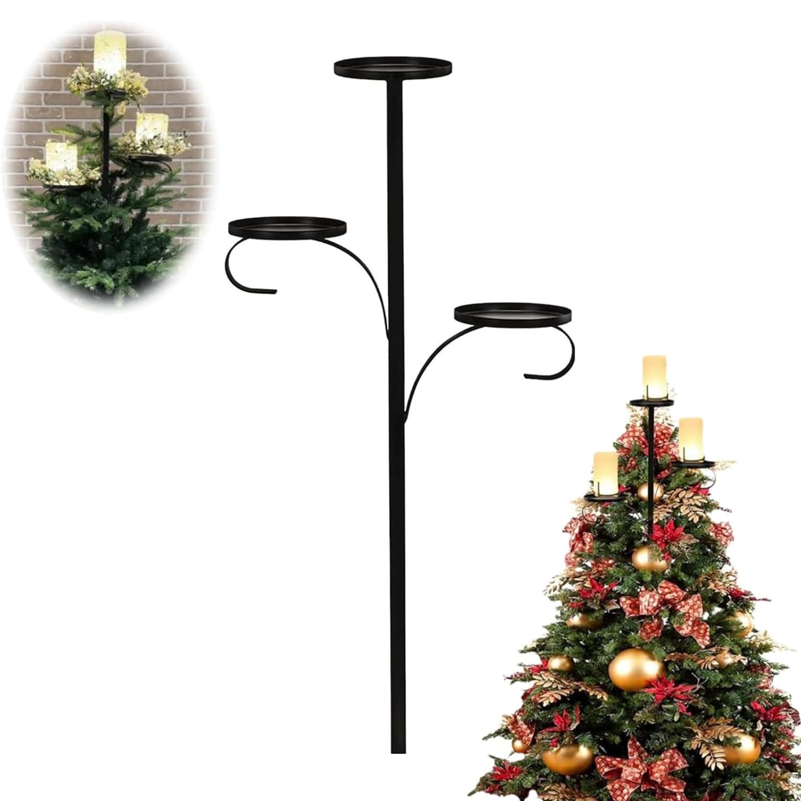 Snrtevu White Triple Tree Topper Shelf For Christmas Tree, Black Triple Trees Topper Candelabra, Candle Holder For Trees For Holiday, Indoor & Outdoor Decor (60Cm/23.62In)