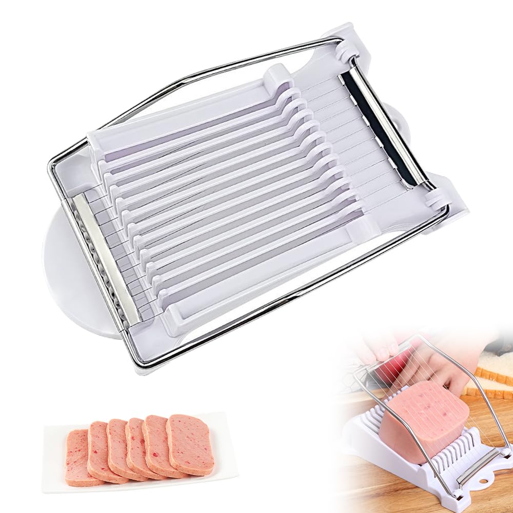 Easy Press Food Slicer, 2024 New Luncheon Meat Slicer with 12 Stainless Steel Wires Boiled Egg Slicer Spam Slicer Cutter, Heavy Duty Tomato Slicer Kitchen Tool for Soft Fruit Cheese (White)