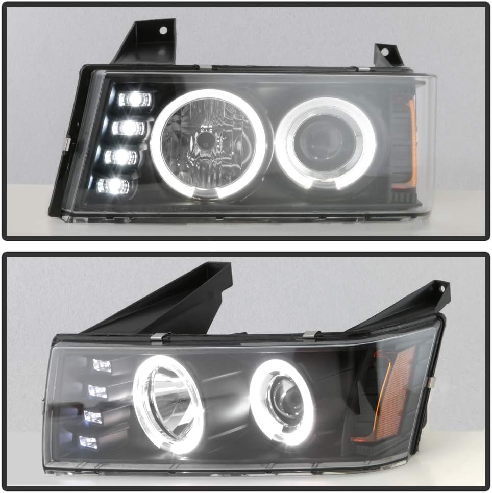 AKKON - For Chevy Colorado GMC Canyon Pickup Black Bezel Dual LED Ring Design Projector Headlights Lamps Pair