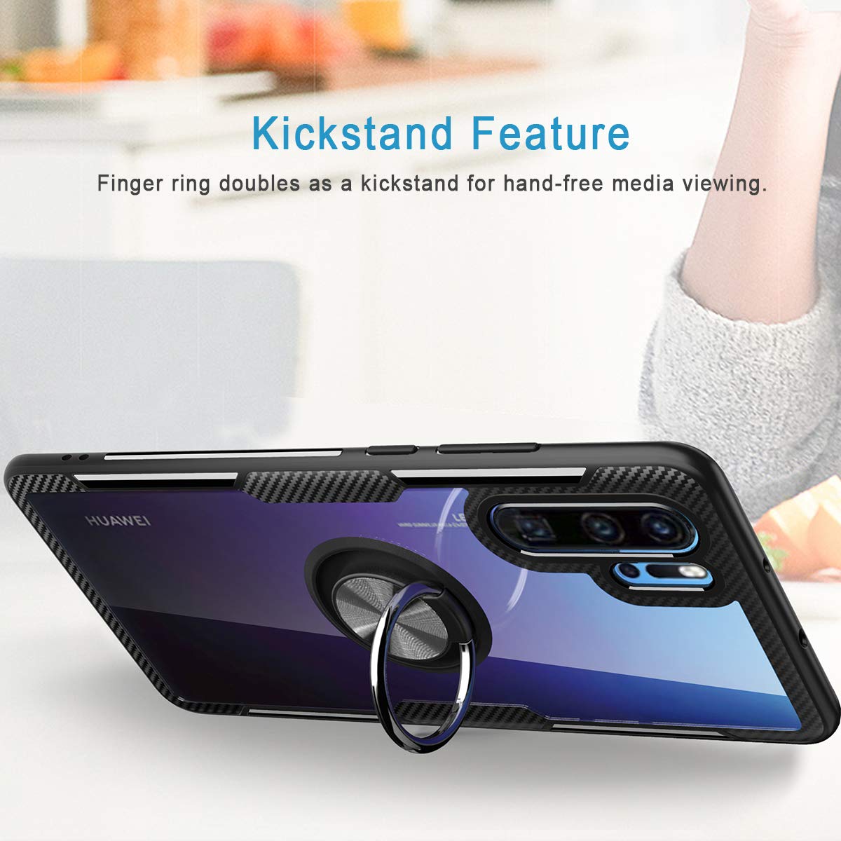 WATACHE Huawei P30 Pro Case, Clear Crystal Carbon Fiber Design Armor Protective Case with 360 Degree Rotating Finger Ring Grip Holder Stand [Magnetic Car Mount Feature] for Huawei P30 Pro (Black)