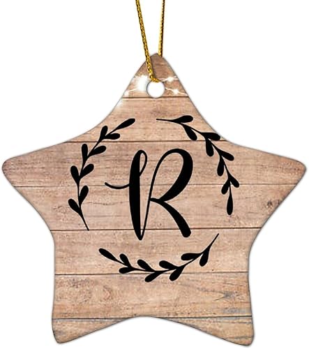 Monograma inicial letra R adorno decorativo plano en forma de estrella adornos de Navidad de cerámica para decoración de árbol de Navidad, adorno de