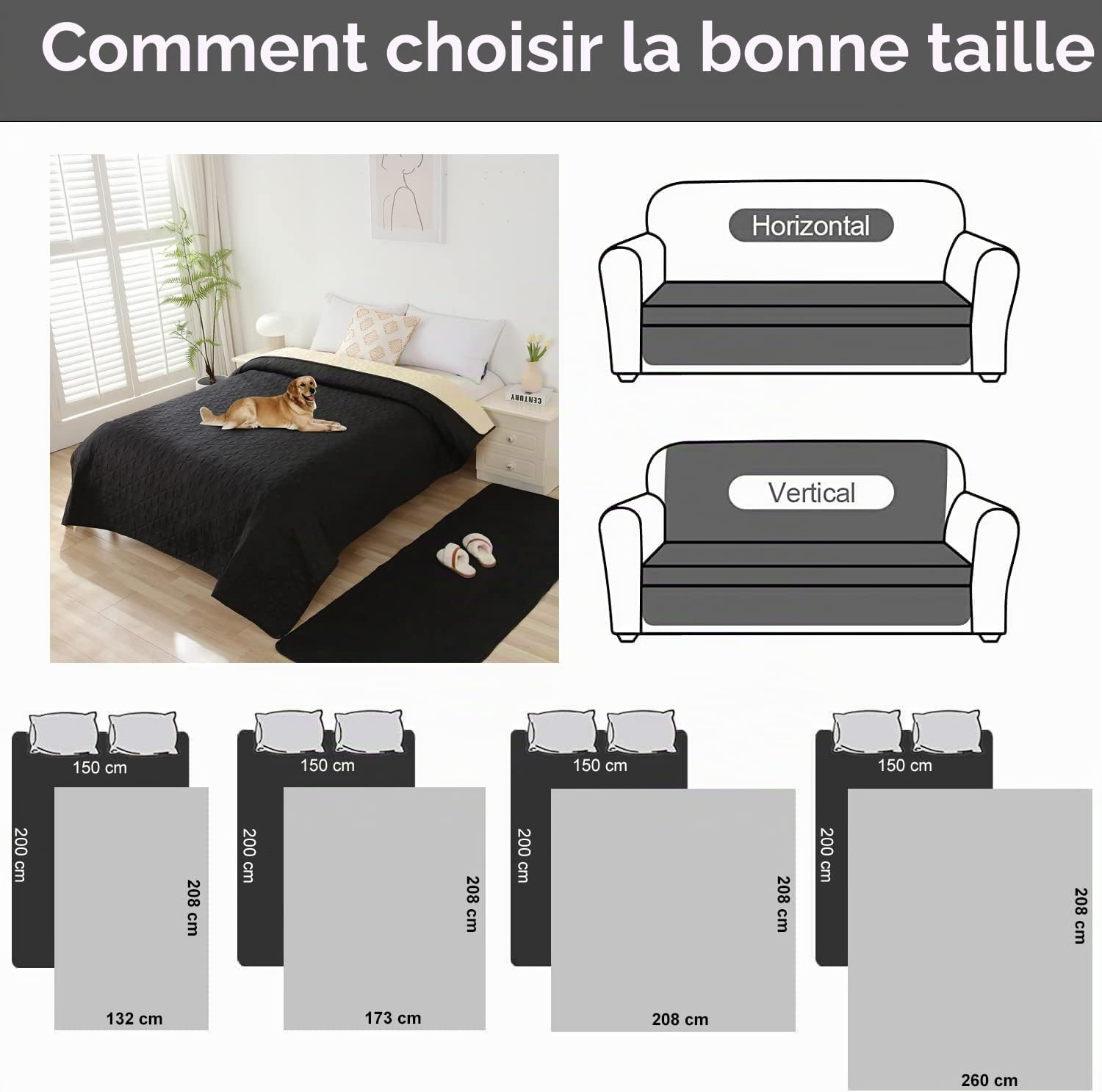Taiyang Housse de canapé imperméable 173-208cm Noir 1 Pack