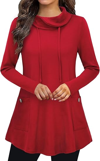 Bulotus Fall Sweaters for Women 2025 Cowl Neck Asymmetrical Long Tunics for Leggings Vacation Travel Tops with Pockets