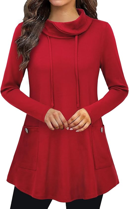 Bulotus Fall Sweaters for Women 2025 Cowl Neck Asymmetrical Long Tunics for Leggings Vacation Travel Tops with Pockets