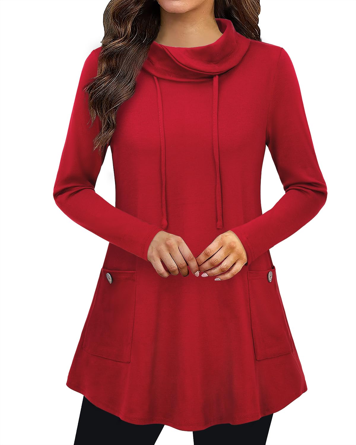 Womens Sweaters Winter 2025 Cowl Neck Asymmetrical Long Tunics for Leggings Vacation Travel Tops with Pockets