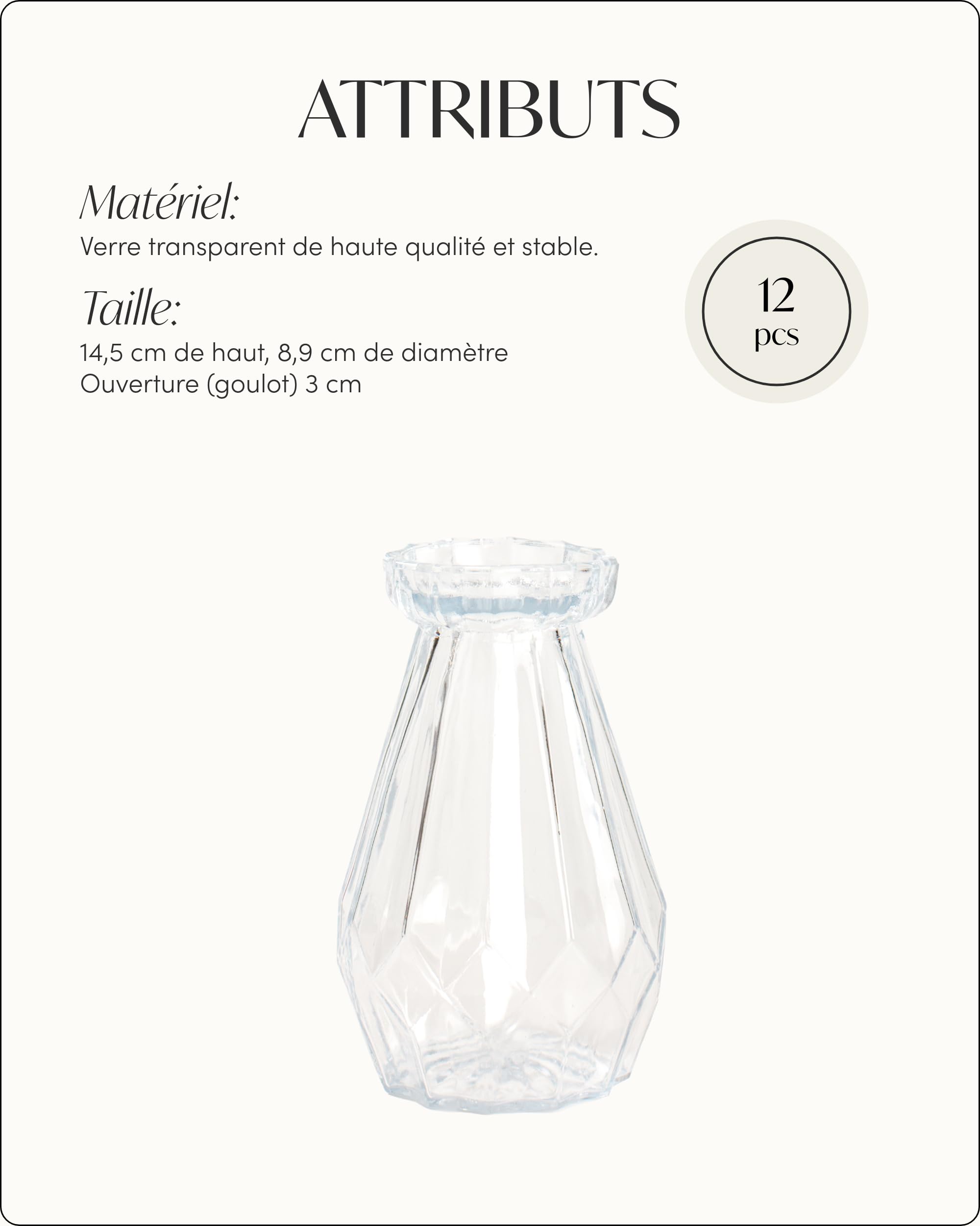 100% Mosel Vases en Verre, Lot de 12 (14,5 cm x 8,9 cm) | Petits Vases Transparents Design Diamant – Vases de Table pour Mariage, Baptême, Communion & Anniversaire