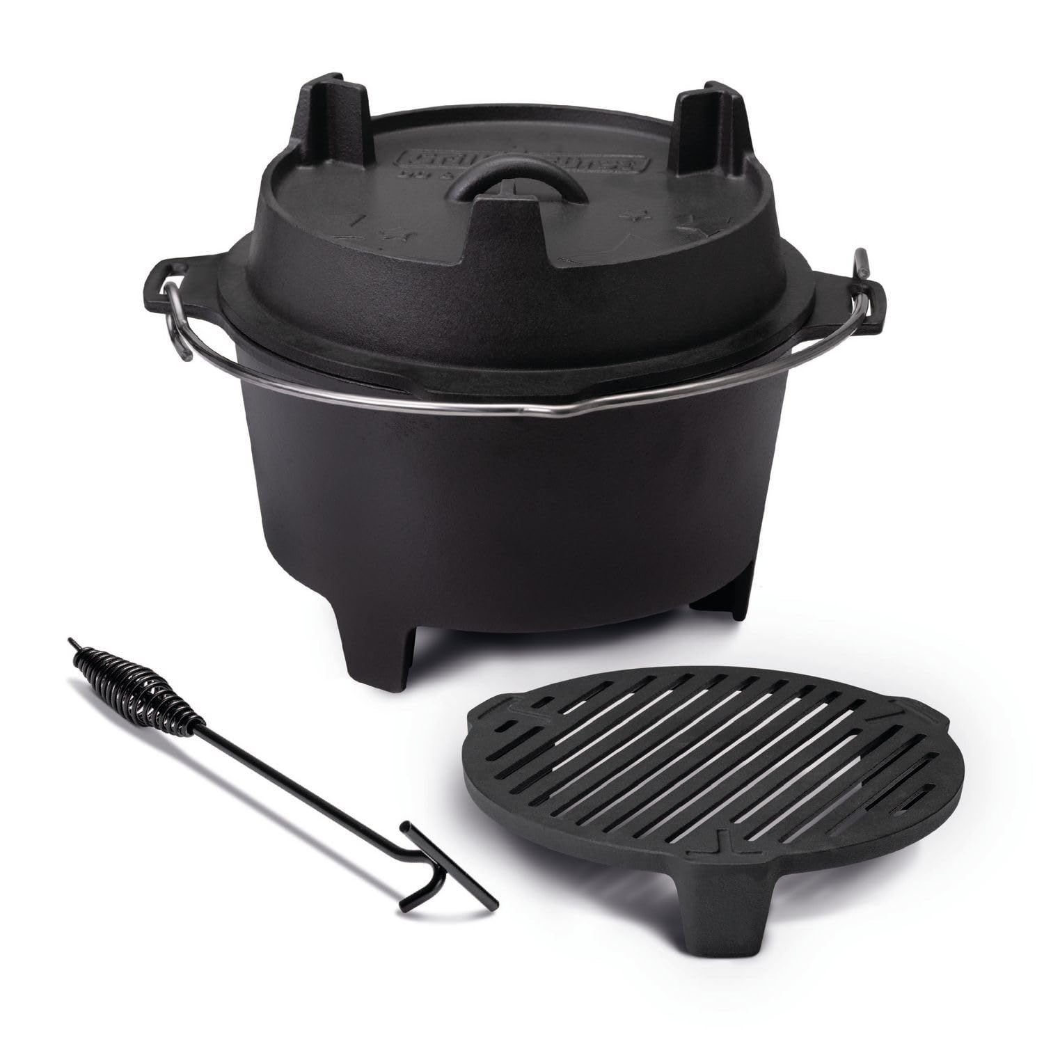 Grillfürst Dutch Oven Set ca. 9 Liter - stabil stehender Feuertopf durch spezielle T-Füße, hitzebeständiger Gusseisen Topf, Deckel als Pfanne nutzbar, DO 9 inkl. Deckelheber und Feuerrost