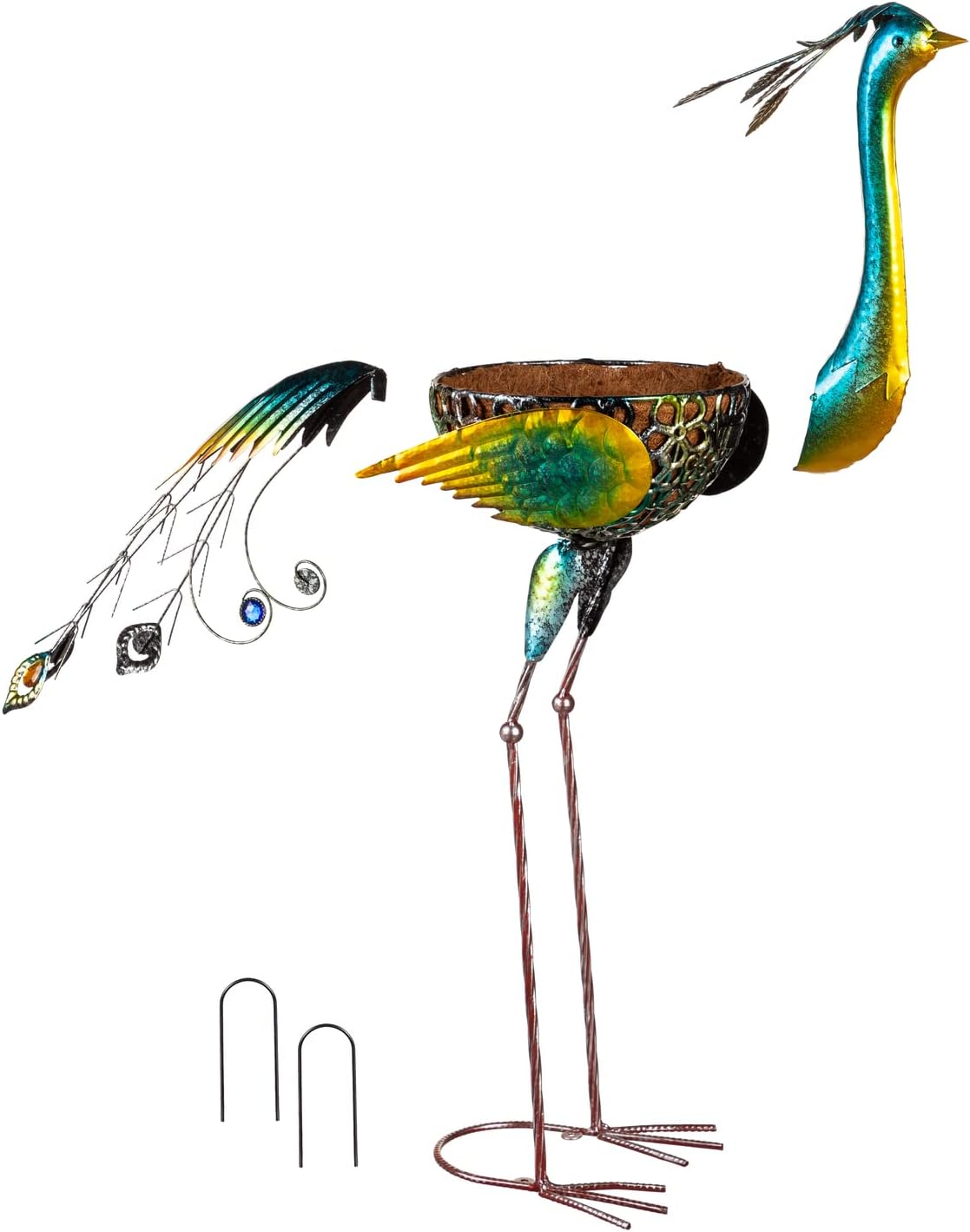 Evergreen 37" H Metal Peacock Planter with Coco Liner- Fade and Weather Resistant Outdoor Decoration for Homes, Yards and Gardens