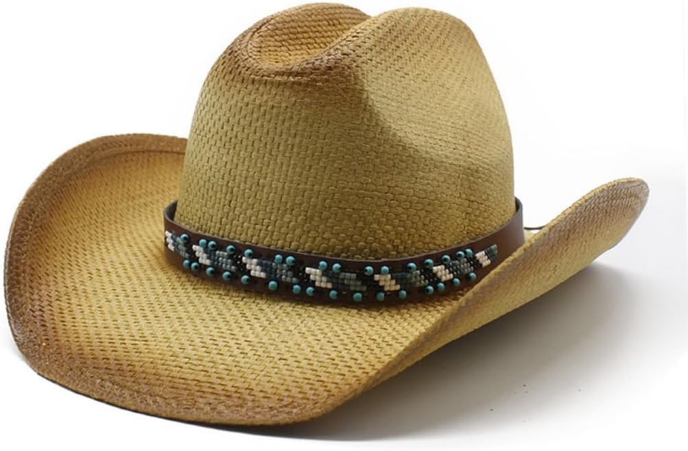 Western Cowboy Hat, Straw Woven, Boho Fringe Band with Colorful Beads, Natural