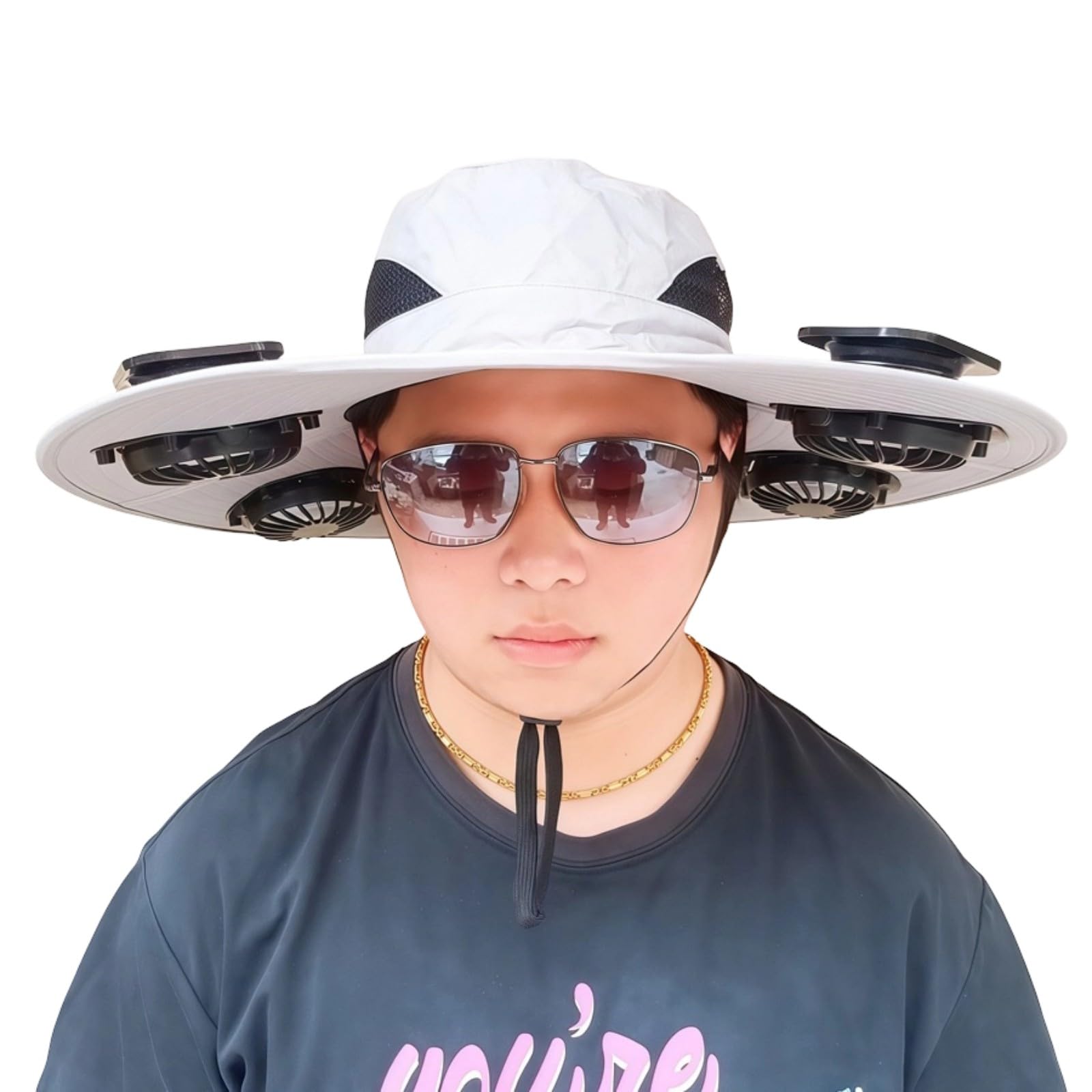 Bucket Hat Wide Brim Solar Fan Sunhat with 600mAh 4 Fan Layout, Chin Cord and Shade Coverage for Beach Walks Wearable Cooling Hat Shade Brim Solar Cooling Cap Outdoor Warm Weather Fishing Beach Hot