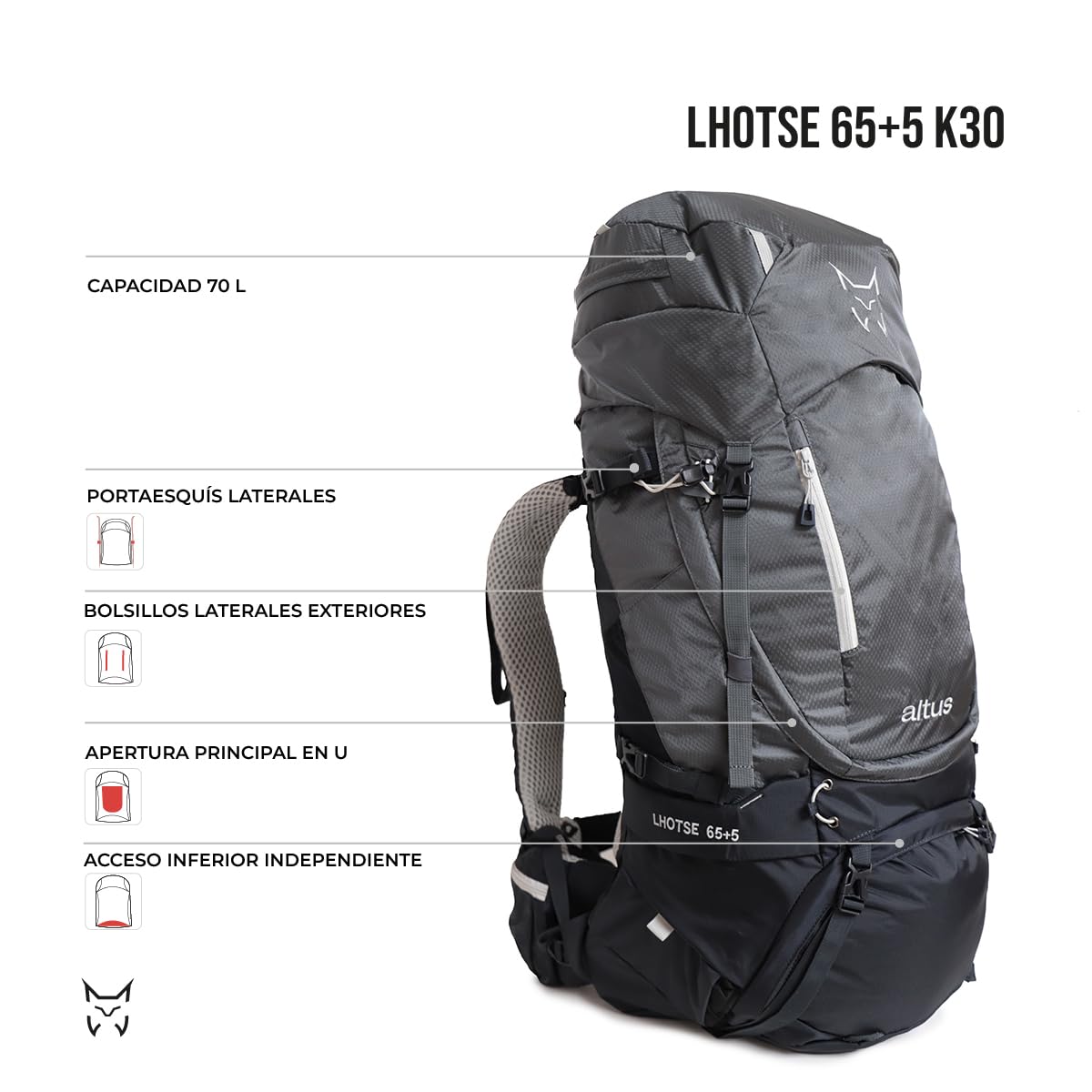 ALTUS Lhotse 65+5 K30 Mochila de Montaña y Trekking 70 Litros Unisex | Espalda Regulable, Apertura en U, Acceso Inferior, Portaesquís