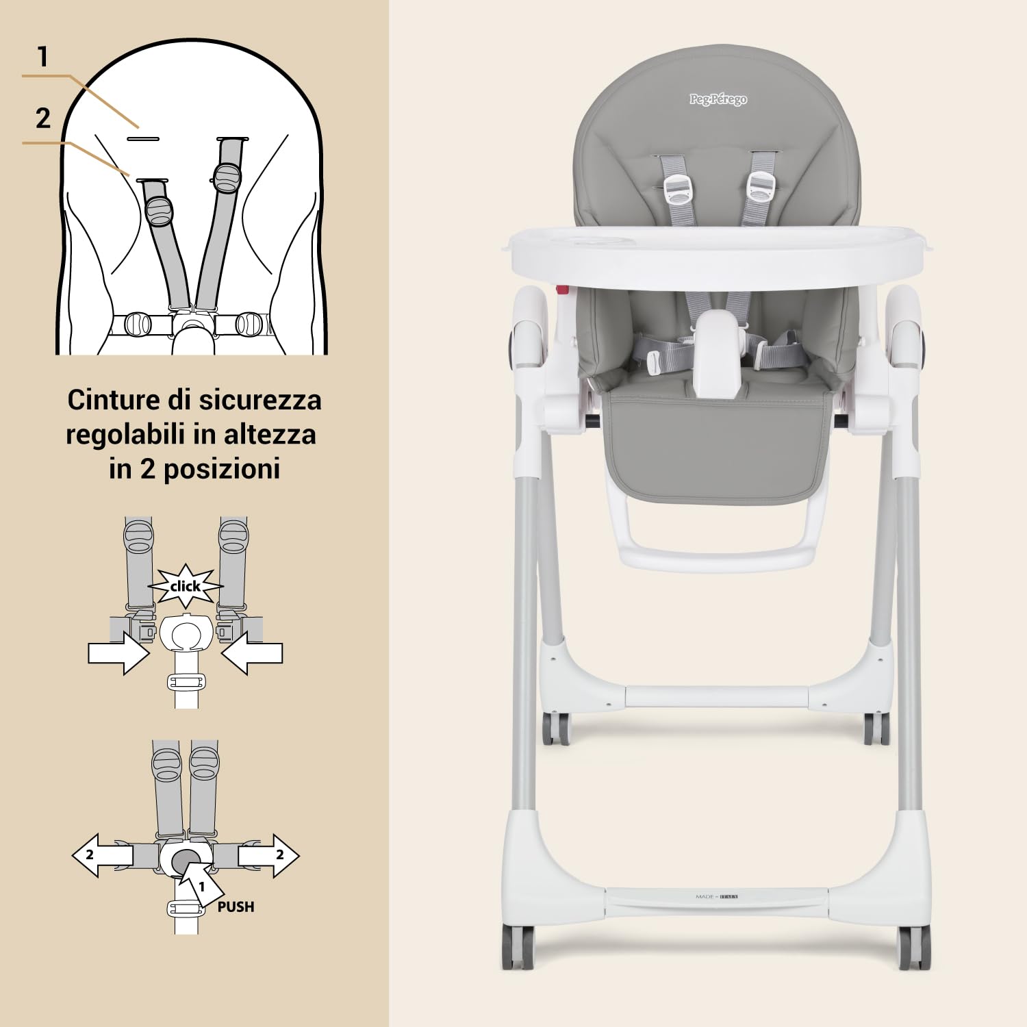Peg Perego Prima Pappa Follow Me Seggiolone Pappa Neonati Reclinabile, Funzione Sdraietta, 4 ruote, Pieghevole e Ultracompatto, per Bambini da 0 a 3 Anni (0-15 kg), Linear Grey