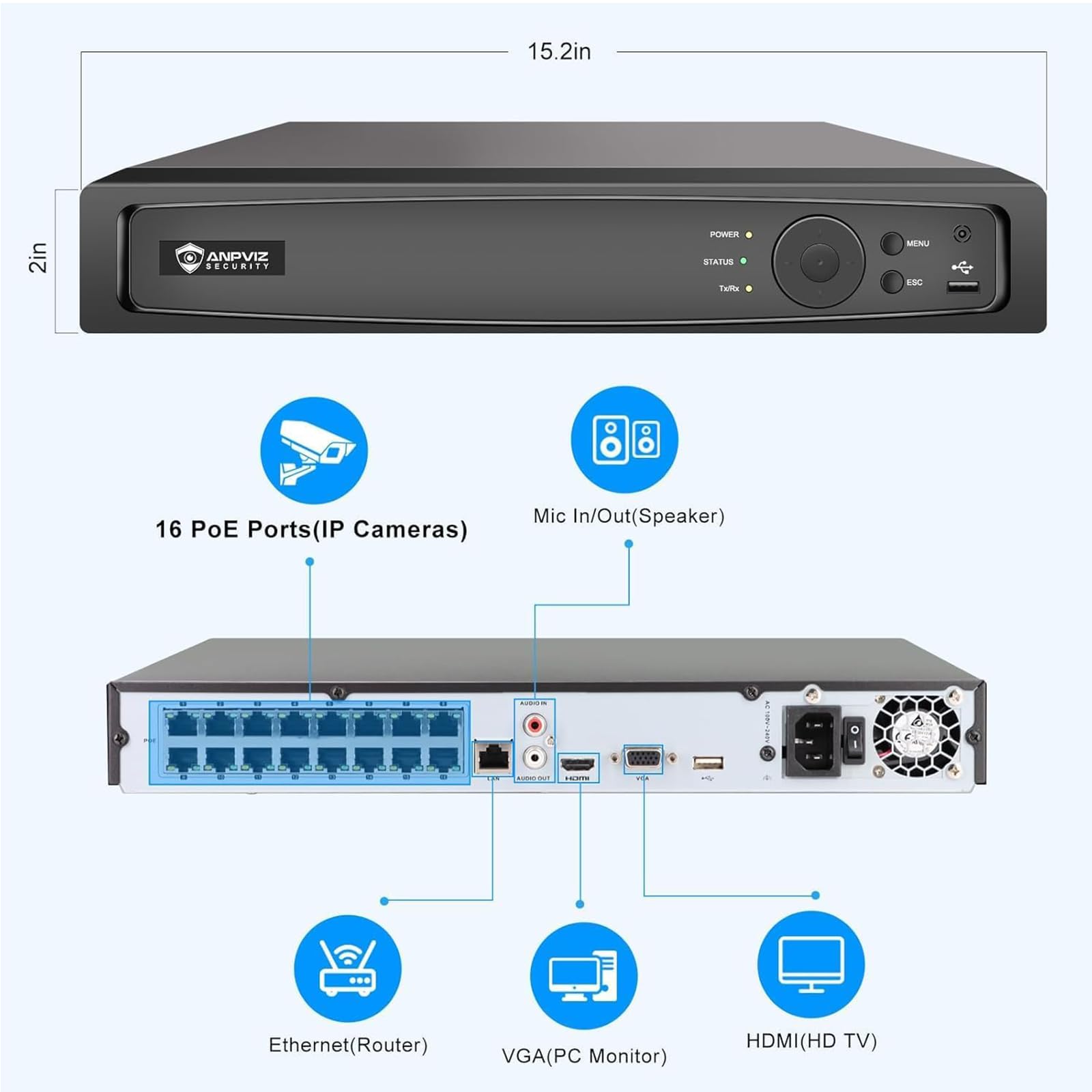 Anpviz Videoregistratore di rete PoE a 16 canali 4K NVR (1080p/3MP/4MP/5MP/6MP/8MP), sistema di videoregistratore di sicurezza domestica IP, conforme H.265+, backup compatibile IVMS4200 (16CH 4K NVR