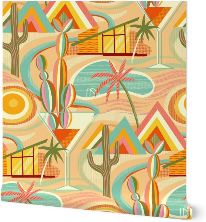 Spoonflower Removable Wallpaper 6ft x 2ft - Palm Sunset Cocktail Desert Mid Century Cali Custom Pre-Pasted Wallpaper