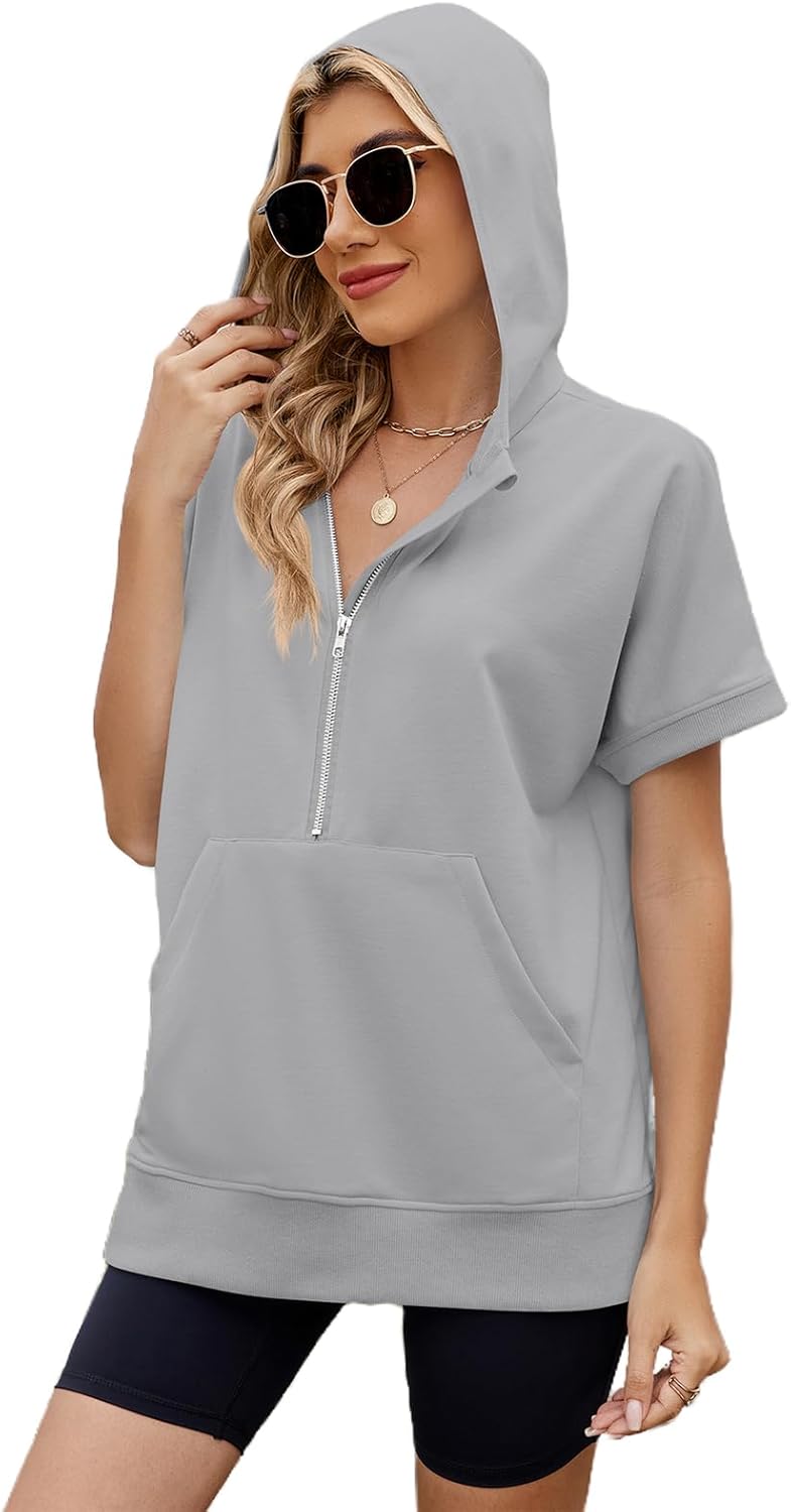 Women Summer Hoodies Shirt Short Sleeve Half Zip Loose Fit Oversized Plus Size Tunic Top Spring Fall