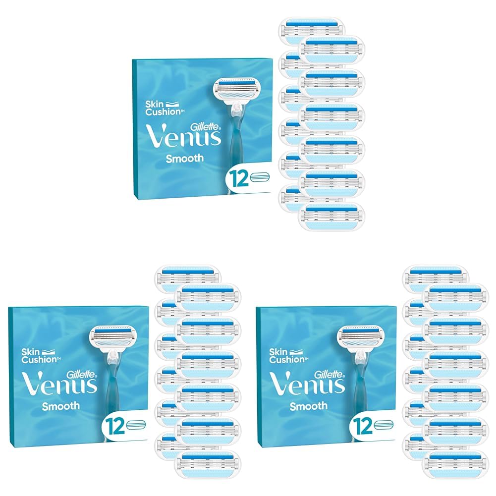 Gillette Venus Smooth Damenrasierer Ersatzklingen, Set von12, mit 3 sich der Körperkontur anpassenden Klingen, umgeben von Schutzkissen (Packung mit 3)