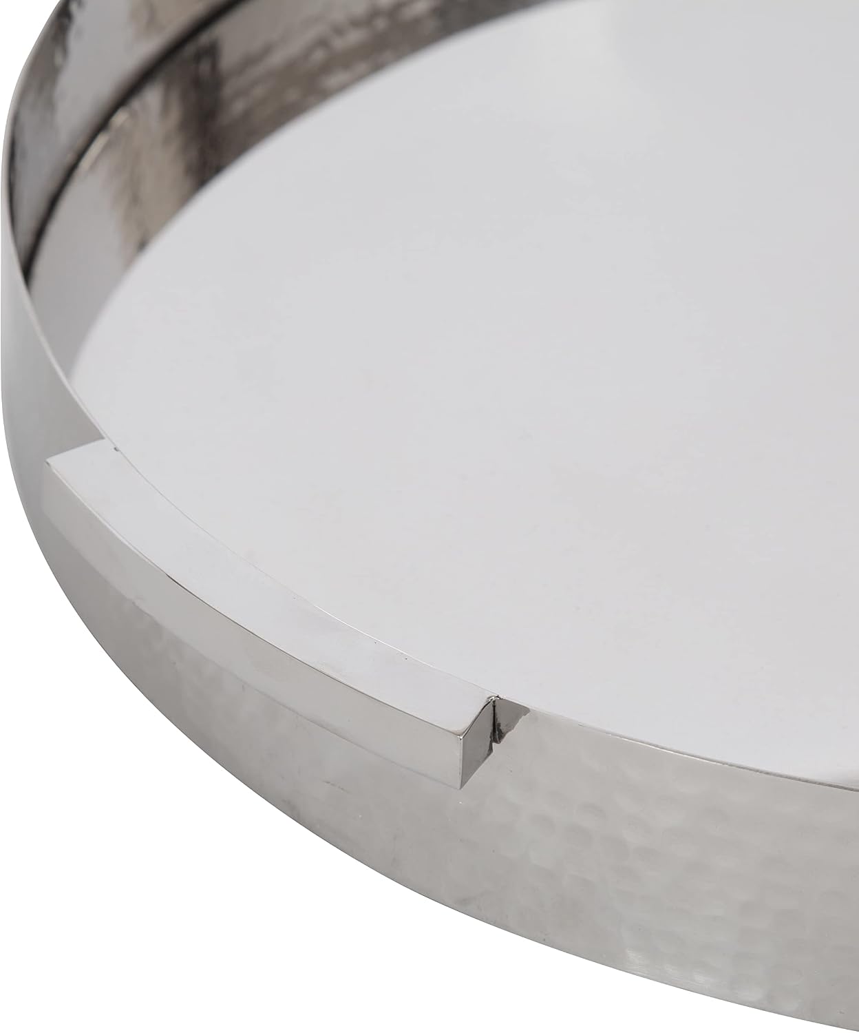 Kate and Laurel Samana Modern Glam Round Metal Tray; 16 Inch Diameter; Silver; Circular Polished Stainless Steel Decorative Tray with Hammered Surface and Minimalist Handles