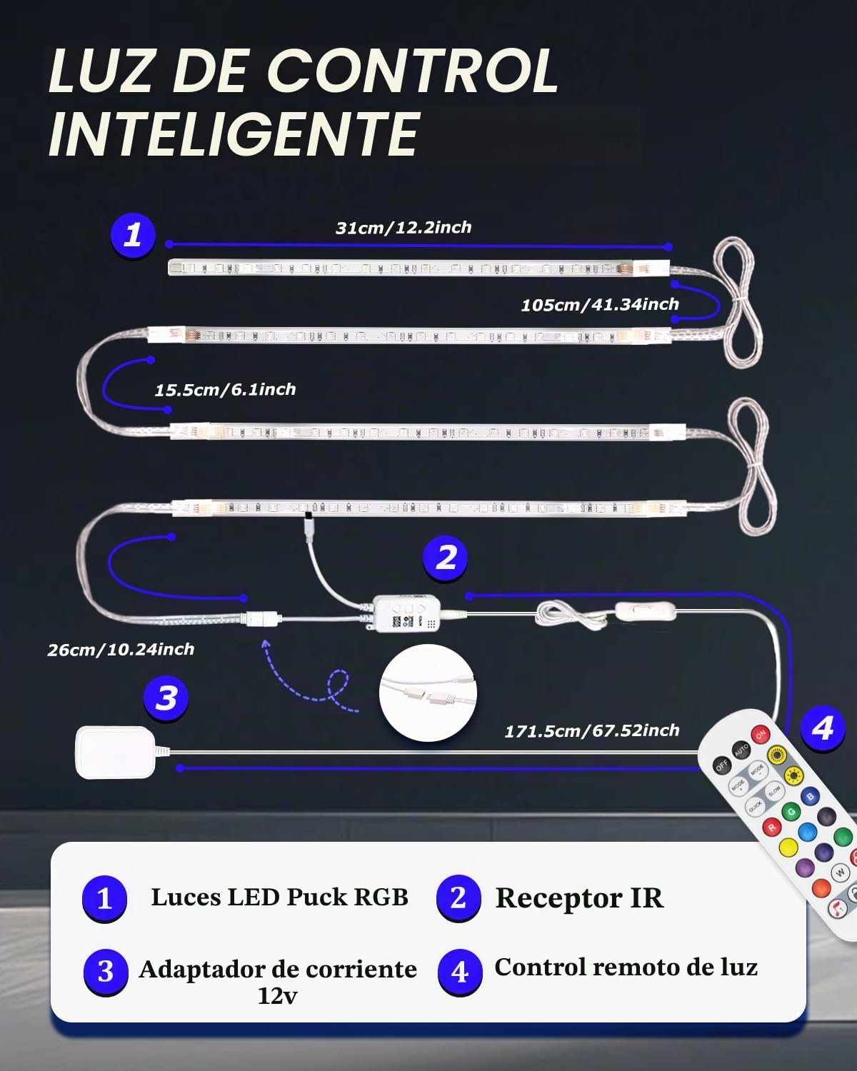 Cefrank Tiras LED RGB Conectables para Muebles | 4x30cm Iluminación Inteligente con Sincronización Musical & App | 16 Millones Colores Kit Luz Bajo Gabinete | App, sincronización de música, vinculable