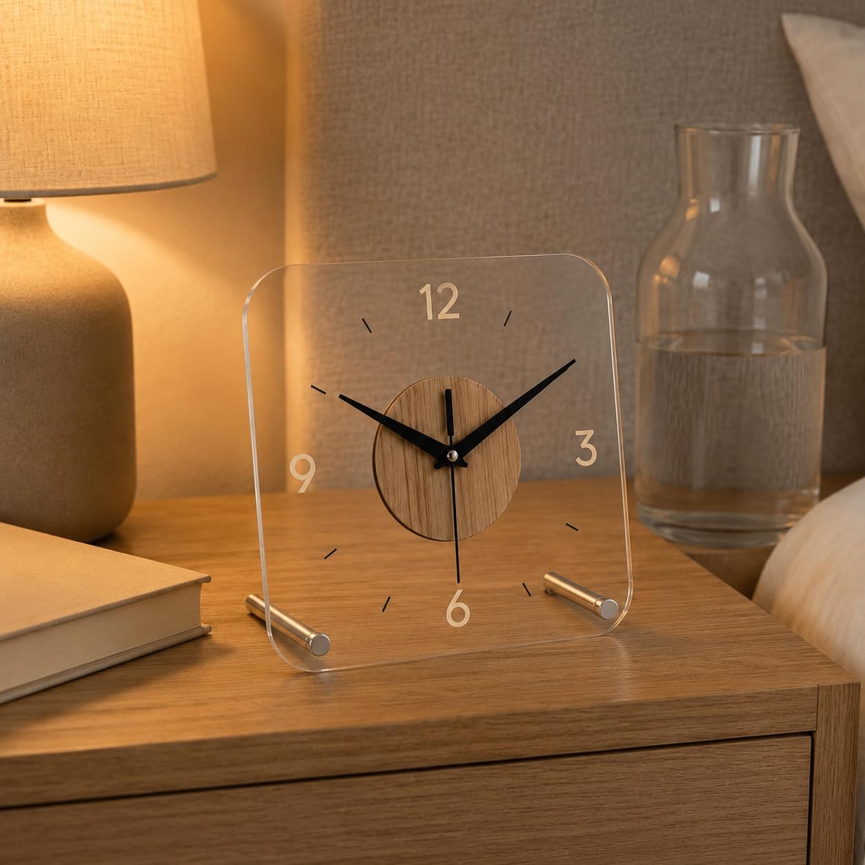 Minimal Acrylic Table Clock with Natural Wooden Center Silent Quartz Desk Clock Modern Transparent Desktop Clock for Home, Office & Study 6 x 6 Inch-image-30