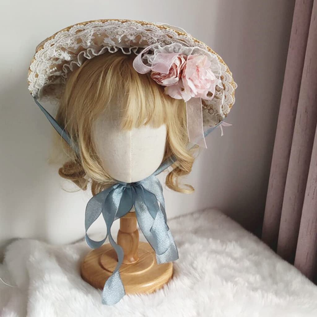 Morain Cappello piatto con volant in pizzo elegante cappello di paglia con cinturino per il tè party anime accessori per capelli vintage cappelli da spiaggia cappelli da sole a tesa larga
