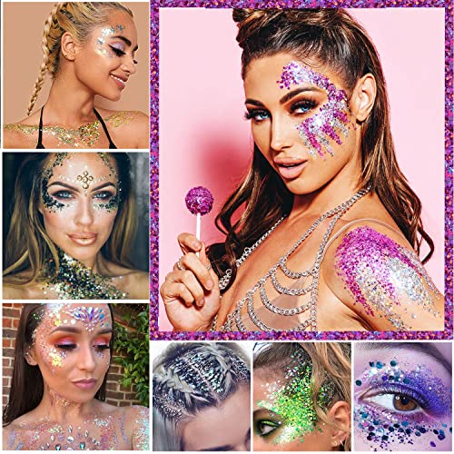 4 Colors of Holographic Chunky Glitter with Quick Dry Glue Pack 1, 4 Pots Total 40g Multi-Shaped for Body Hair Face Eyes Make-up, Nail Art and Bedazzling in Party/Concert/Events Glitter