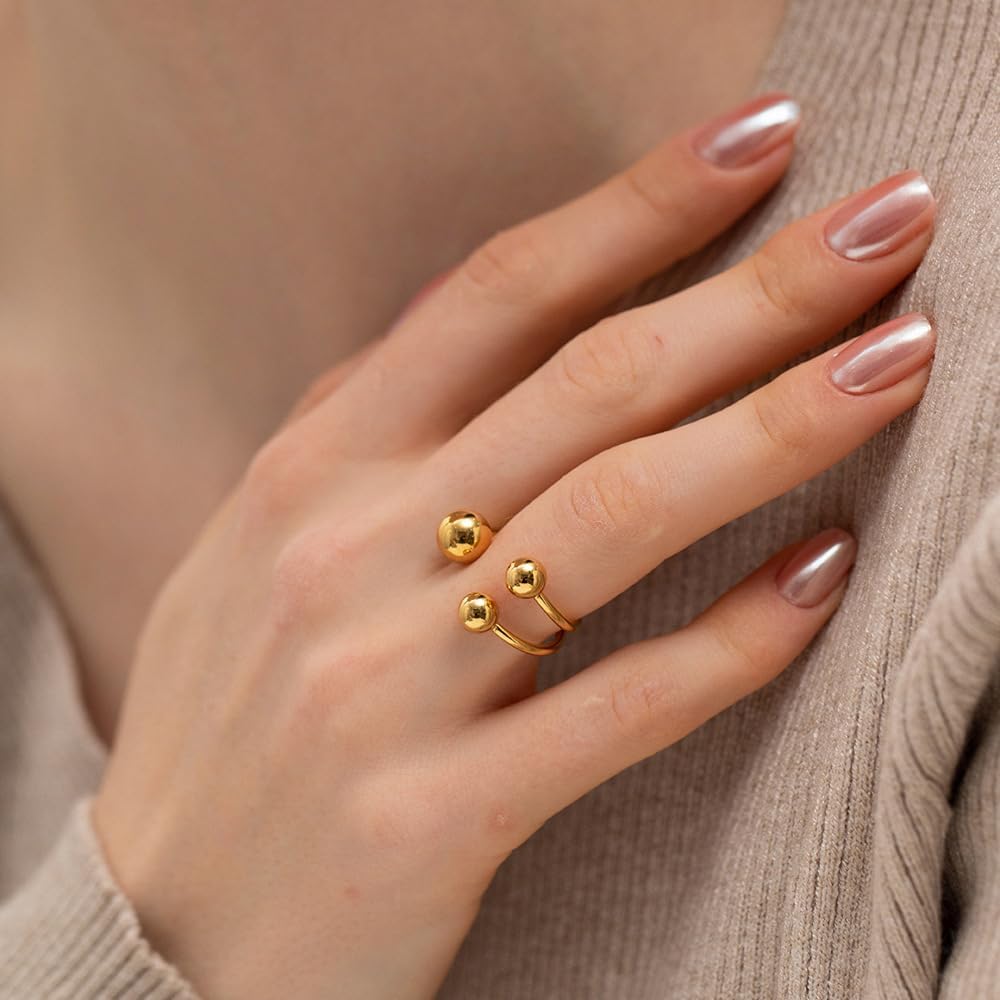 OIDIMS Round Ball Wrap Statement Ring for Women Men Stainless Steel Gold-Tone Plated Layered 3 Fashion Balls Open Finger Rings Comfort Fit Geometric Unique Style Party Jewelry Gift - Image 2