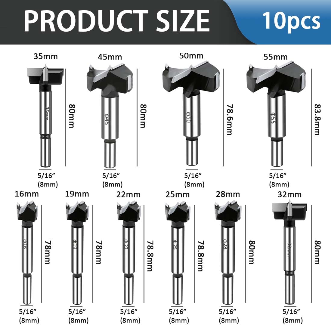 10 brocas Forstner, brocas Forstner con punta de carburo para madera dura, juego de sierra perforadora de madera, juego de herramientas de corte de bisagras para madera, plástico y madera
