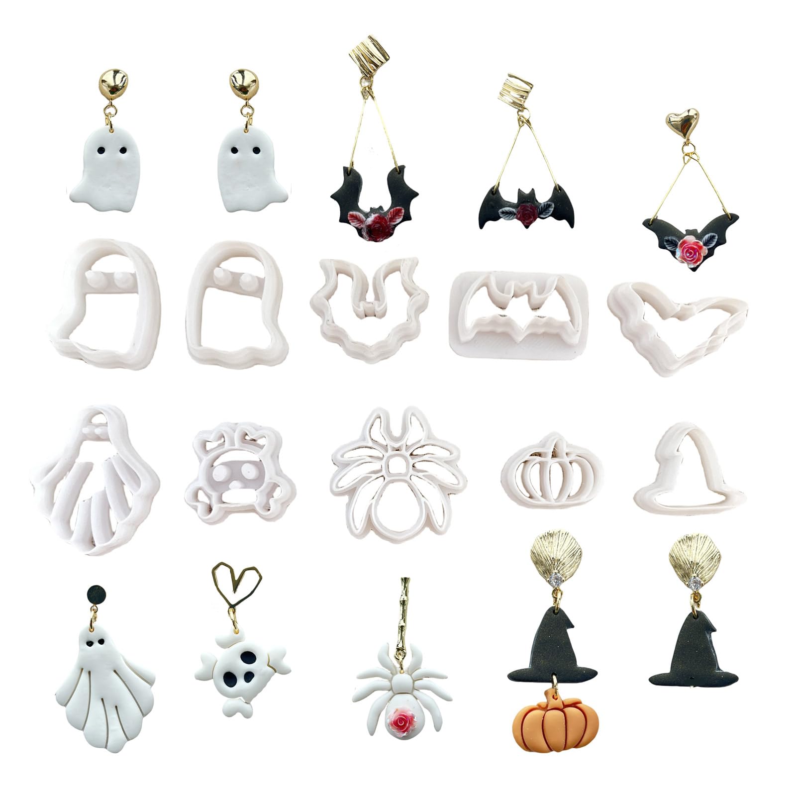 Pangboer As The Pic Shown 10Pcs Halloween Theme Clay Cutter Clay Molds For Jewelry Making, Bat Skull Clay Earring Molds For Earrings Making
