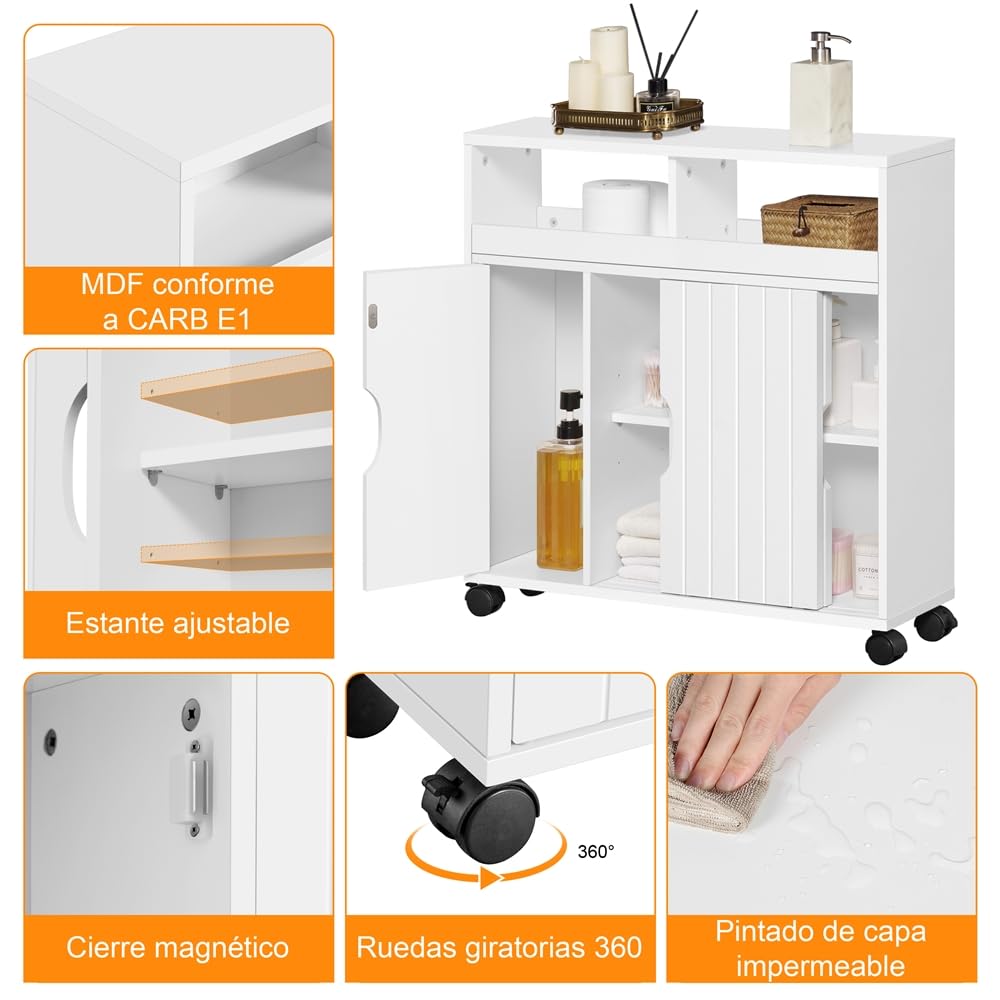 Yaheetech Mueble de Baño con Ruedas Armario de Suelo Estrecho con Puertas Correderas Mueble Cocina Auxiliar de Madera Lacada con Estantes para Espacio Estrecho 20 x 69.5 x 71.5 cm,Blanco