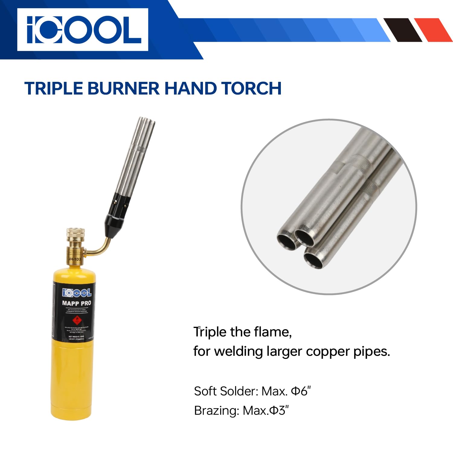 ICOOL Linterna de mano de triple llama, temperatura máxima de 1,982.2 °C, antorcha de gas propano MAPP para soldadura, fontanería, HVAC