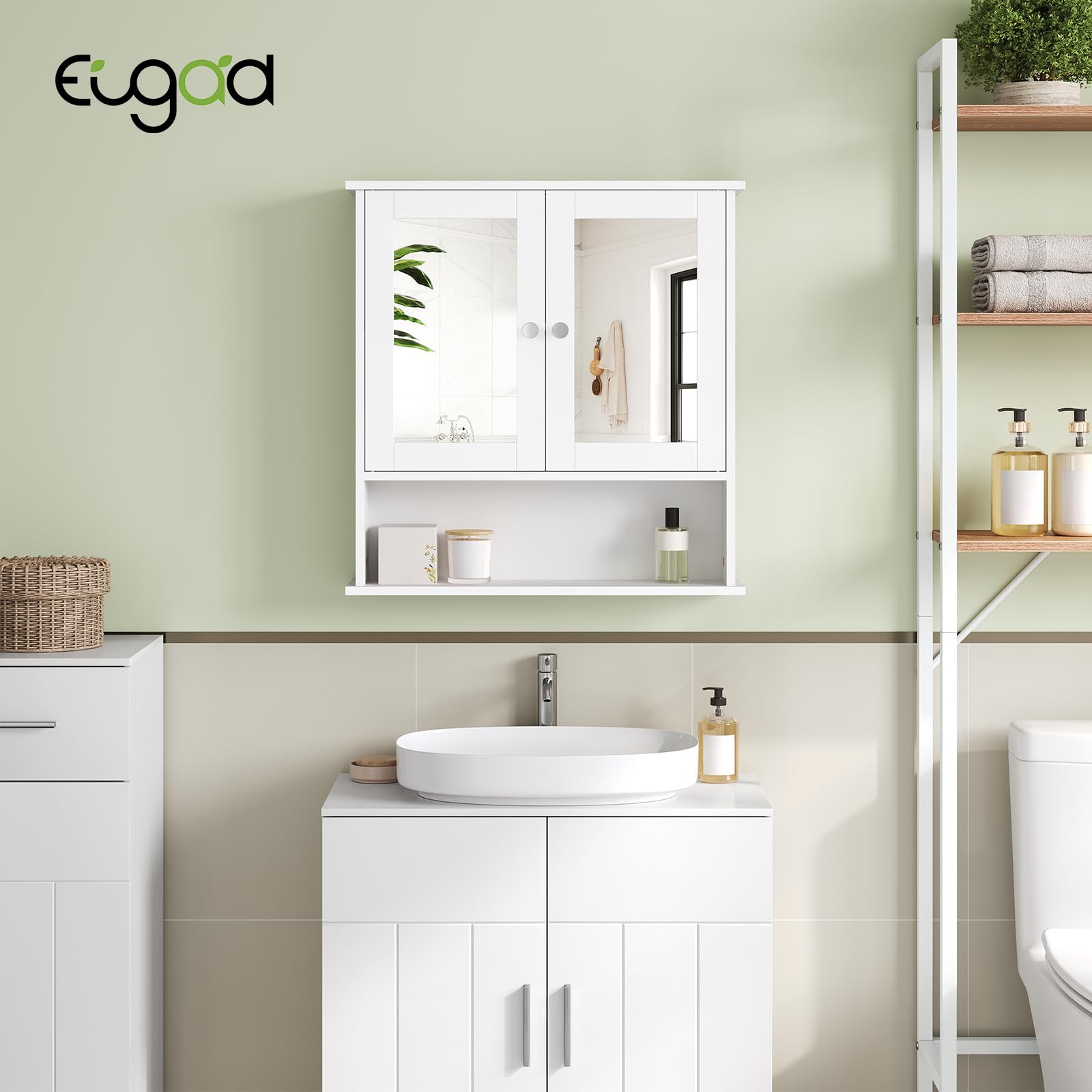 EUGAD Mobiletto Pensile da Bagno con Specchio Salvaspazio Armadietto da Lavabo con Due Porte 56 * 13.5 * 58.5cm Bianco