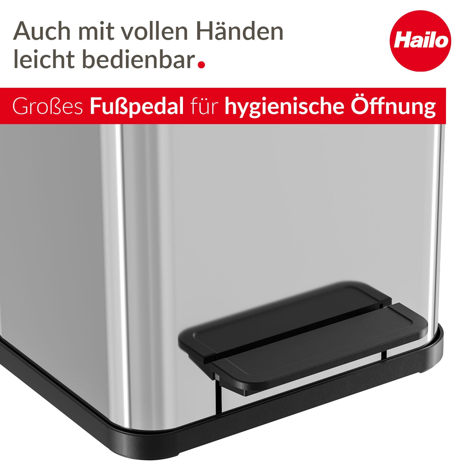 Hailo Öko duo Plus M Tret-Mülltrenner - freistehender 2 x 9 Liter Doppelmülleimer aus Edelstahl - Mülltrennsystem mit soft close Deckel - 2-fach Abfalltrenner für die Küche | Duo Plus M, Volumen 2 x 9 l, Edelstahl