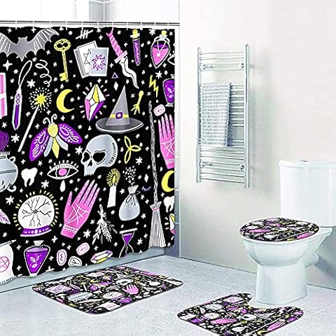 NEWSUYAA 4 Pcs Halloween Shower Curtain Sets with Non-Slip Bath Mats, Magic Witch Witchcraft Kids Bathtub Curtains with 12 Hooks, Waterproof Bathroom Decorations Long (Multi), 180 x 180 cm (HN01) Cover