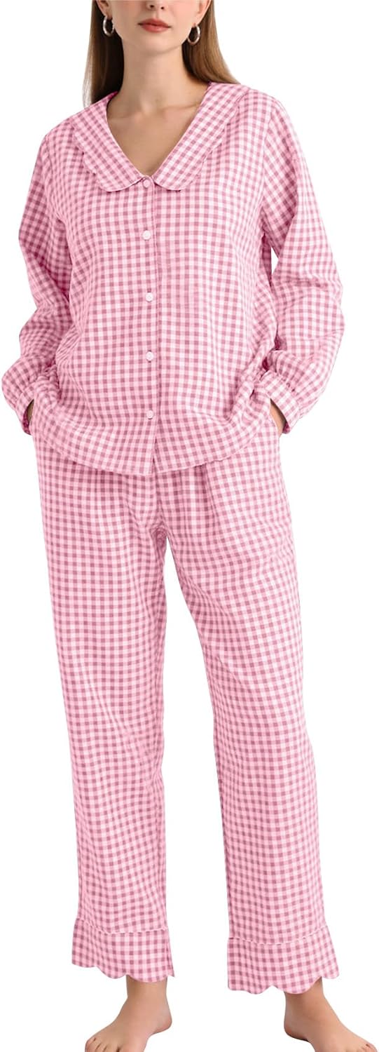 COZYPOIN Womens Gingham Pajama Sets Scalloped Collar Cotton Plaid Button Down Long Sleeve Shirt and Pants Y2K Lounge Set